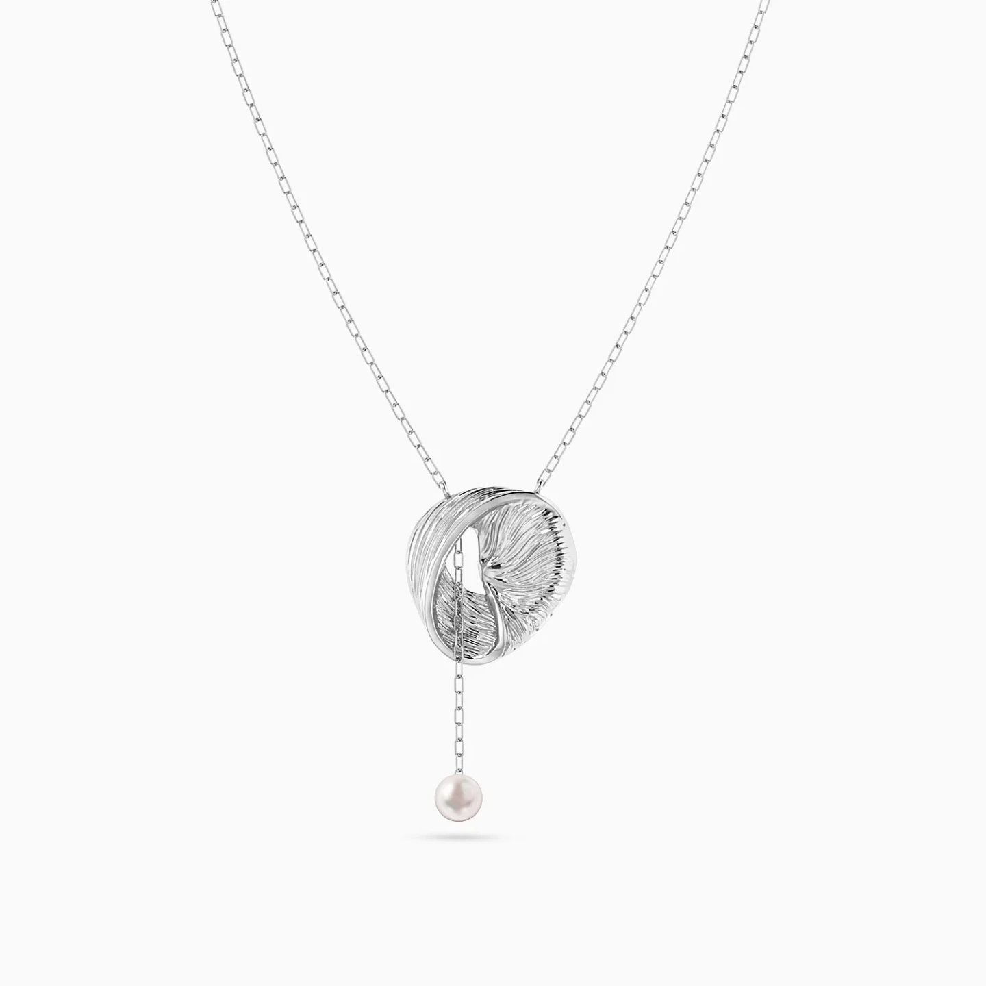 Curved Round Motif Pearl Pendant Necklace in Sterling Silver - 3 Curved Round Motif Pearl Pendant Necklace in Sterling Silver - 3