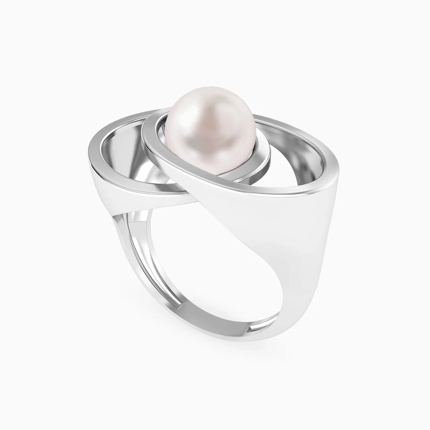Overlapping Curves Pearl Ring in Silver (Size 14) - 3 Overlapping Curves Pearl Ring in Silver (Size 14) - 3