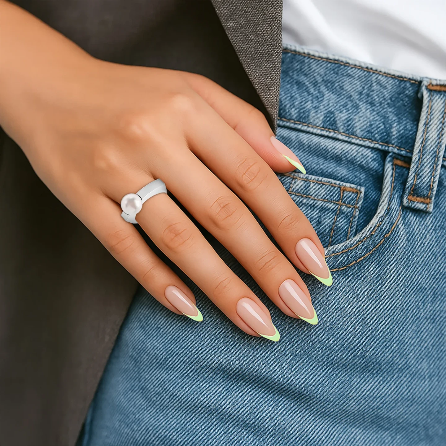 Elevated Surface & Curved Opening Pearl Ring in Silver (Size 14) - 2 Elevated Surface & Curved Opening Pearl Ring in Silver (Size 14) - 2