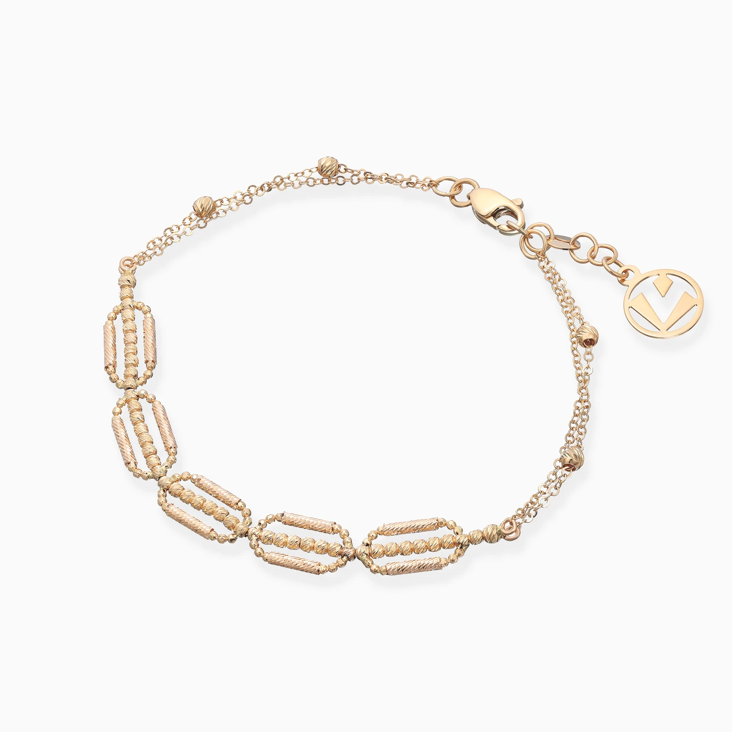 Elongated Oval Units & Beads Chain Bracelet in 21K Gold - 2 Elongated Oval Units & Beads Chain Bracelet in 21K Gold - 2
