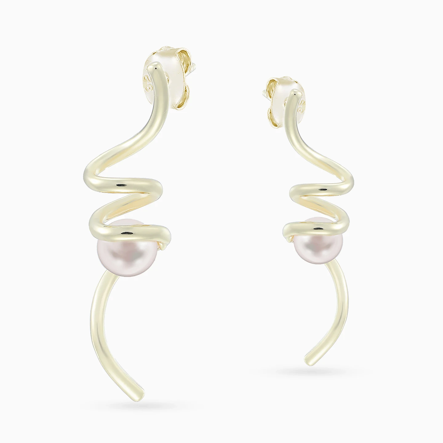 Spiral Fluid Line Pearl Drop Earrings in Yellow Gold Plated - 4 Spiral Fluid Line Pearl Drop Earrings in Yellow Gold Plated - 4