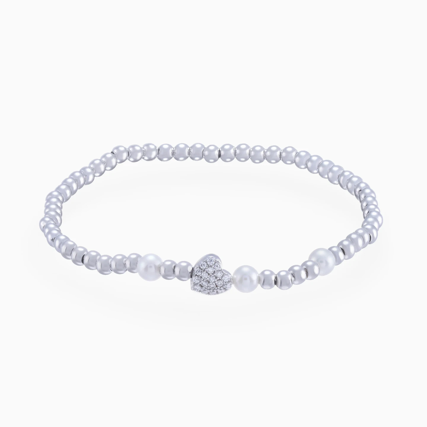 Heart & Round Pearls Beaded Bracelet in Sterling Silver Heart & Round Pearls Beaded Bracelet in Sterling Silver