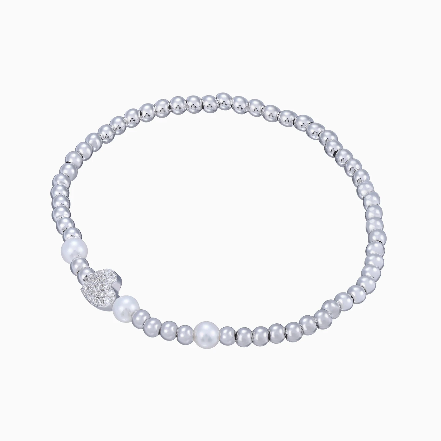 Heart & Round Pearls Beaded Bracelet in Sterling Silver - 3 Heart & Round Pearls Beaded Bracelet in Sterling Silver - 3