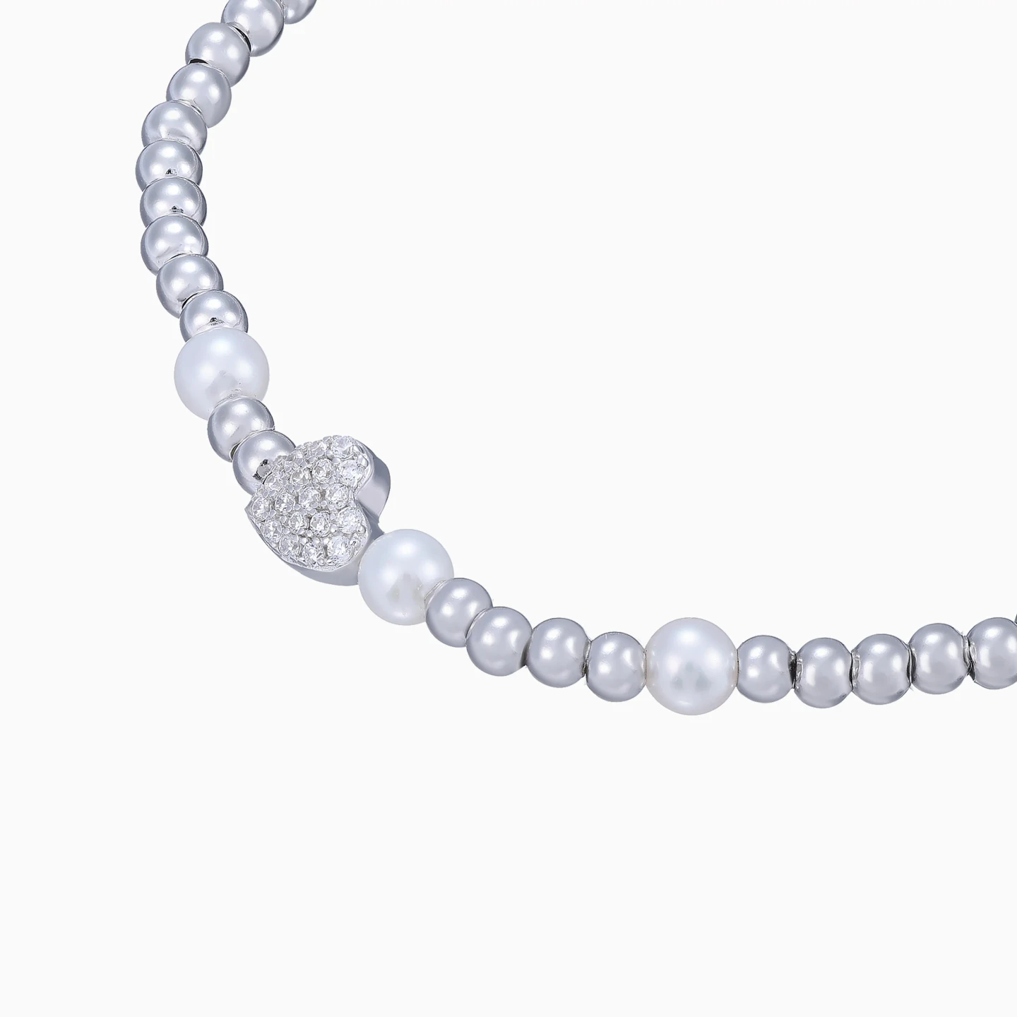 Heart & Round Pearls Beaded Bracelet in Sterling Silver - 4 Heart & Round Pearls Beaded Bracelet in Sterling Silver - 4