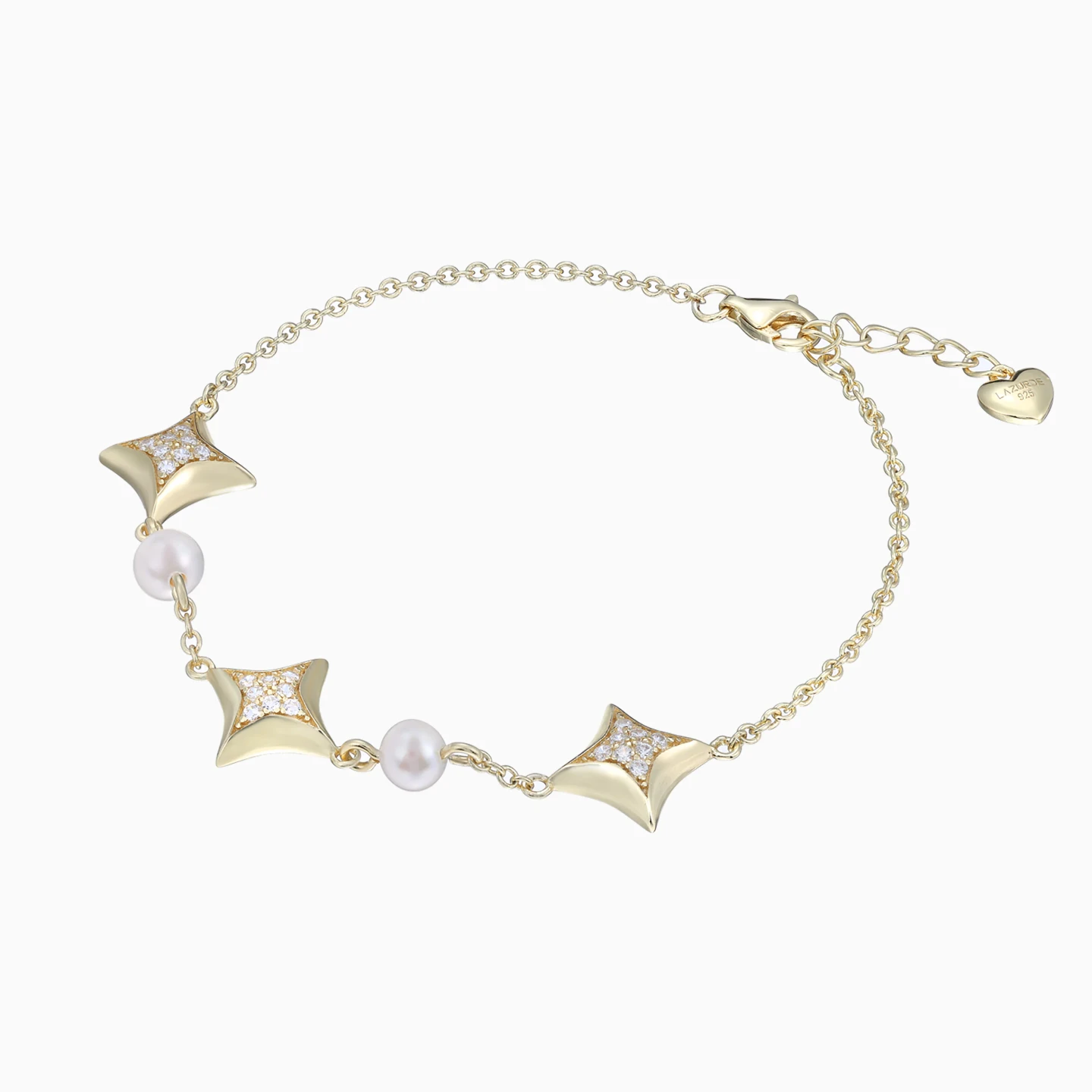 Four Point Stars Pearls Chain Bracelet in Yellow Gold Plating - 3 Four Point Stars Pearls Chain Bracelet in Yellow Gold Plating - 3