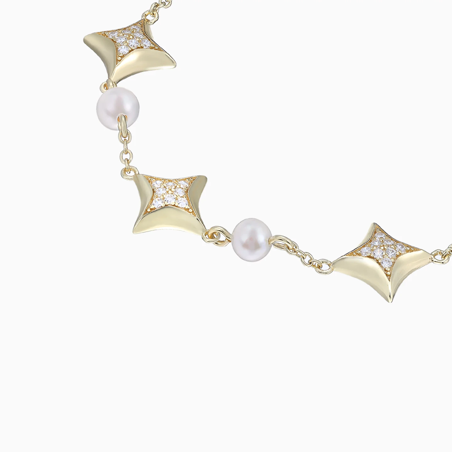 Four Point Stars Pearls Chain Bracelet in Yellow Gold Plating - 4 Four Point Stars Pearls Chain Bracelet in Yellow Gold Plating - 4