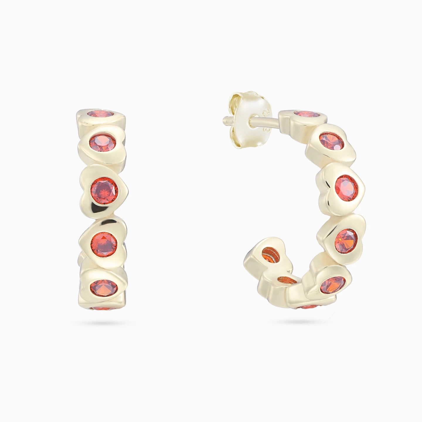 Heart Settings Red Stones Hoop Earrings in Yellow Gold Plating Heart Settings Red Stones Hoop Earrings in Yellow Gold Plating