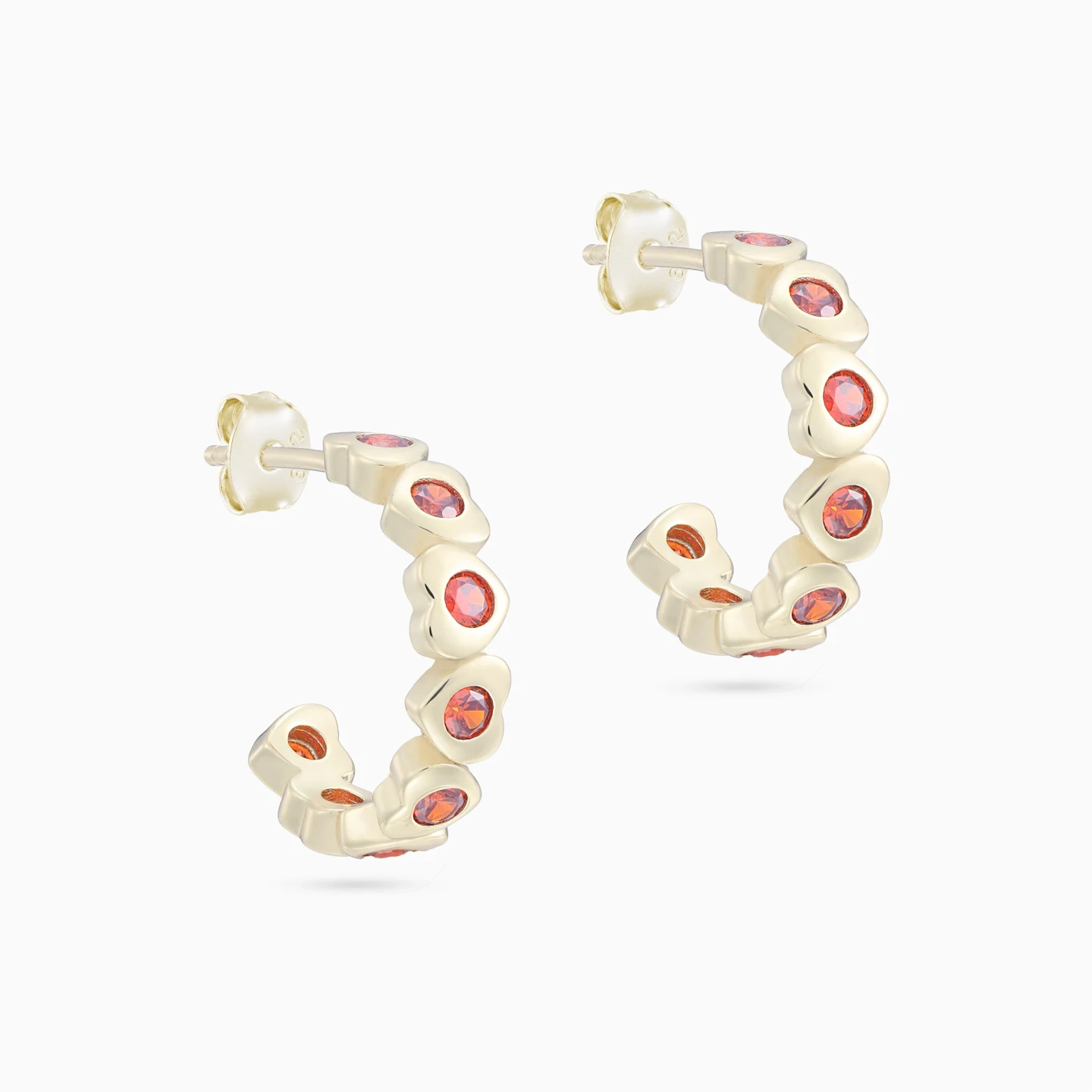 Heart Settings Red Stones Hoop Earrings in Yellow Gold Plating - 3 Heart Settings Red Stones Hoop Earrings in Yellow Gold Plating - 3