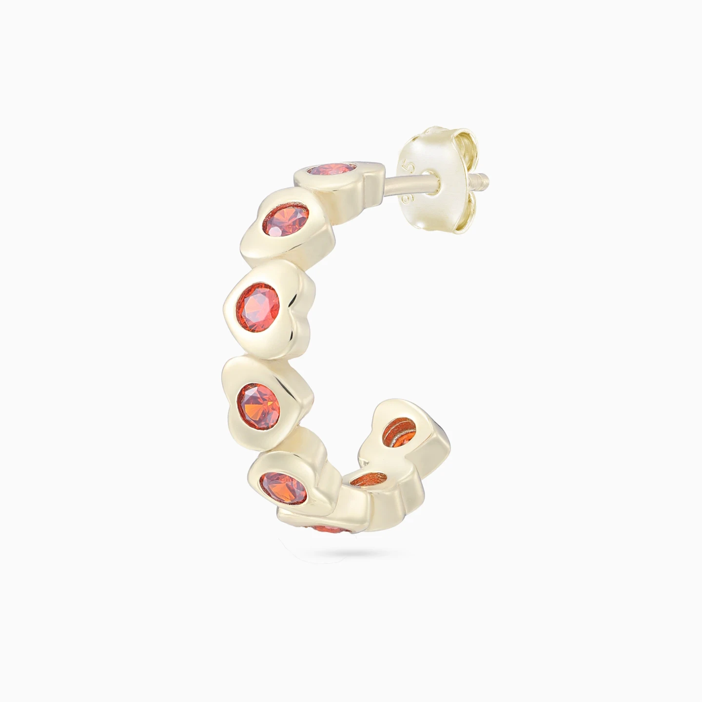Heart Settings Red Stones Hoop Earrings in Yellow Gold Plating - 4 Heart Settings Red Stones Hoop Earrings in Yellow Gold Plating - 4