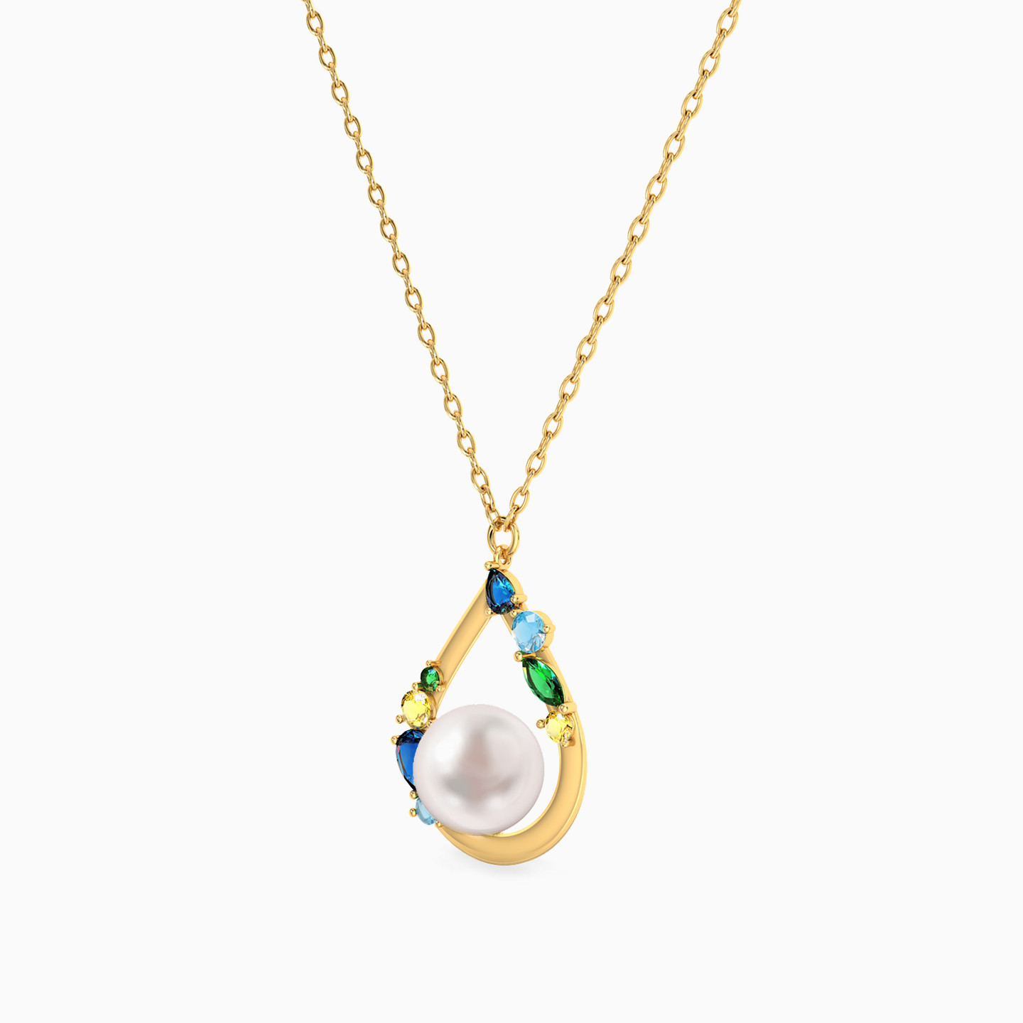 Pear Pearl & Colored Stones Necklace in 18K Gold - 2 Pear Pearl & Colored Stones Necklace in 18K Gold - 2