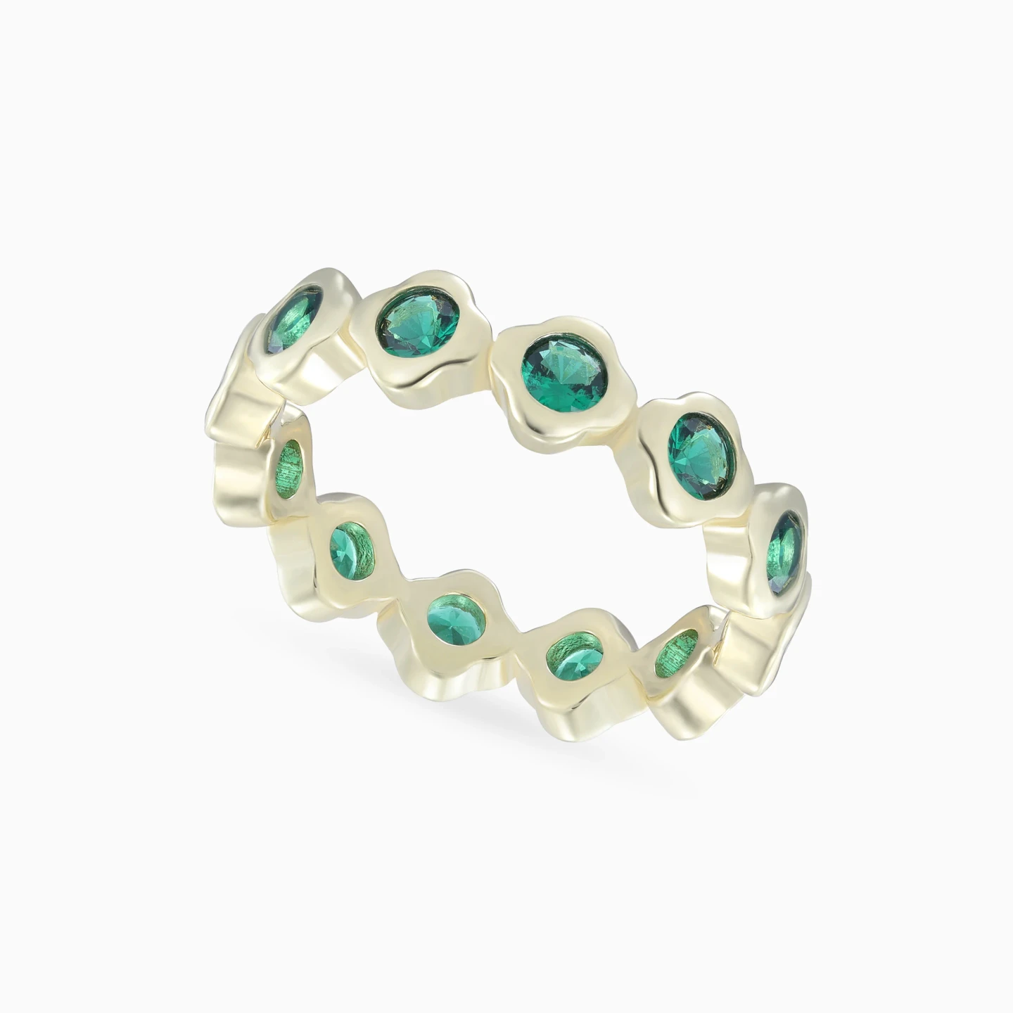 Round Green Stones Ring in Yellow Gold Plating - 3 Round Green Stones Ring in Yellow Gold Plating - 3