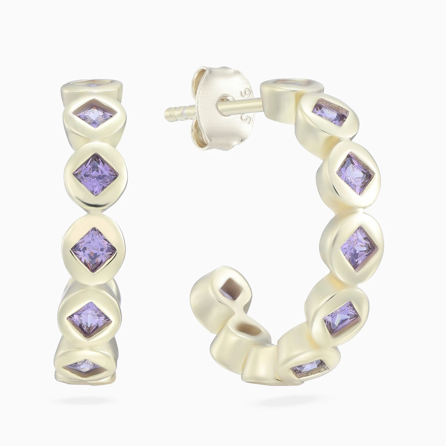 Round Purple Stones Hoop Earrings in Yellow Gold Plating Round Purple Stones Hoop Earrings in Yellow Gold Plating
