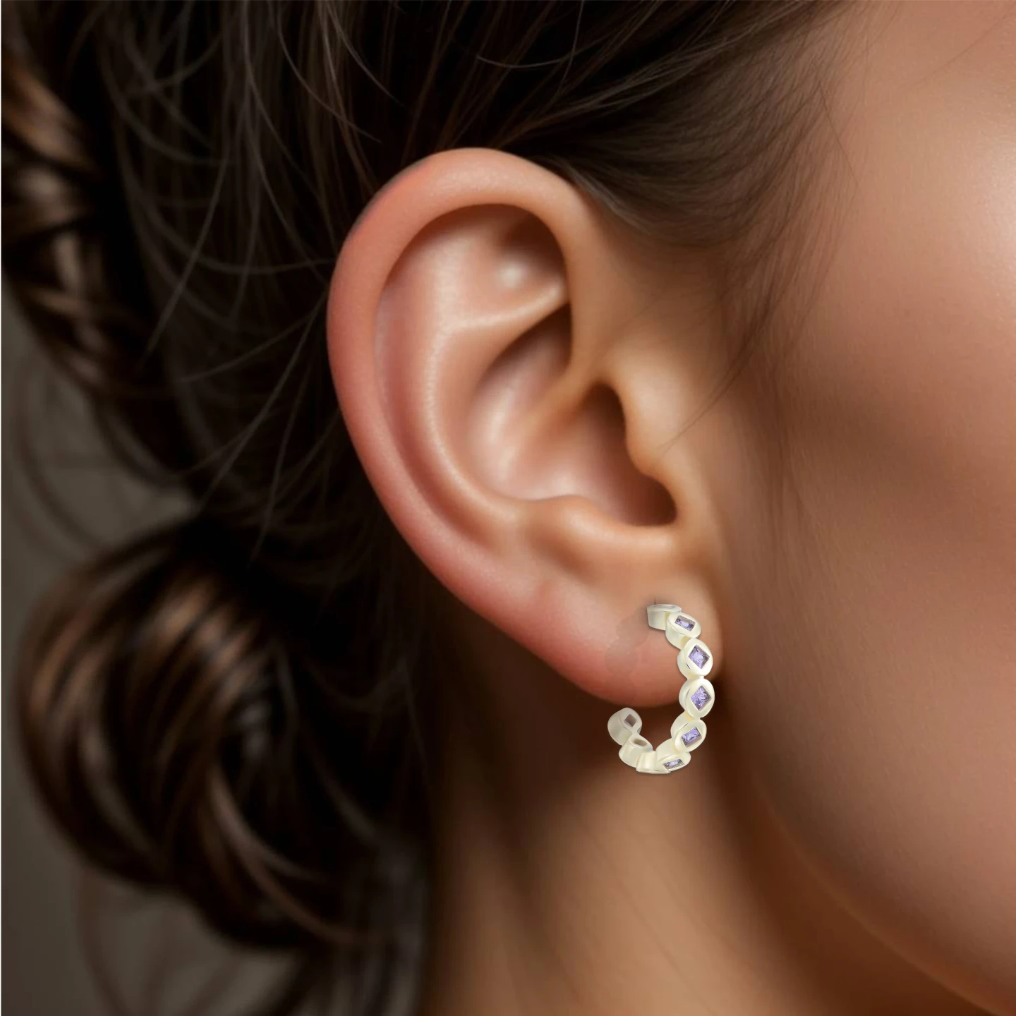 Round Purple Stones Hoop Earrings in Yellow Gold Plating - 2 Round Purple Stones Hoop Earrings in Yellow Gold Plating - 2
