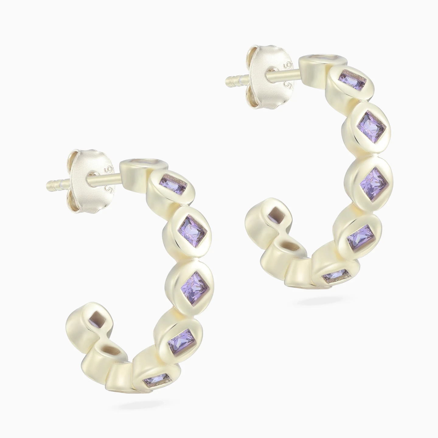 Round Purple Stones Hoop Earrings in Yellow Gold Plating - 3 Round Purple Stones Hoop Earrings in Yellow Gold Plating - 3