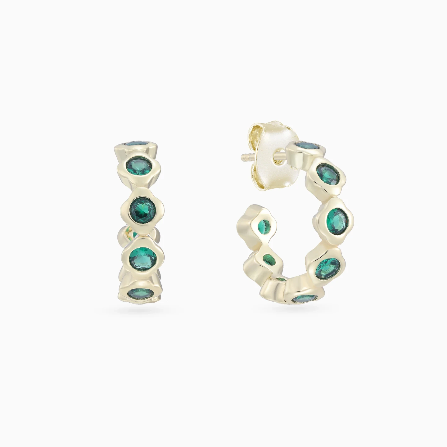 Round Green Stones Hoop Earrings in Yellow Gold Plating Round Green Stones Hoop Earrings in Yellow Gold Plating