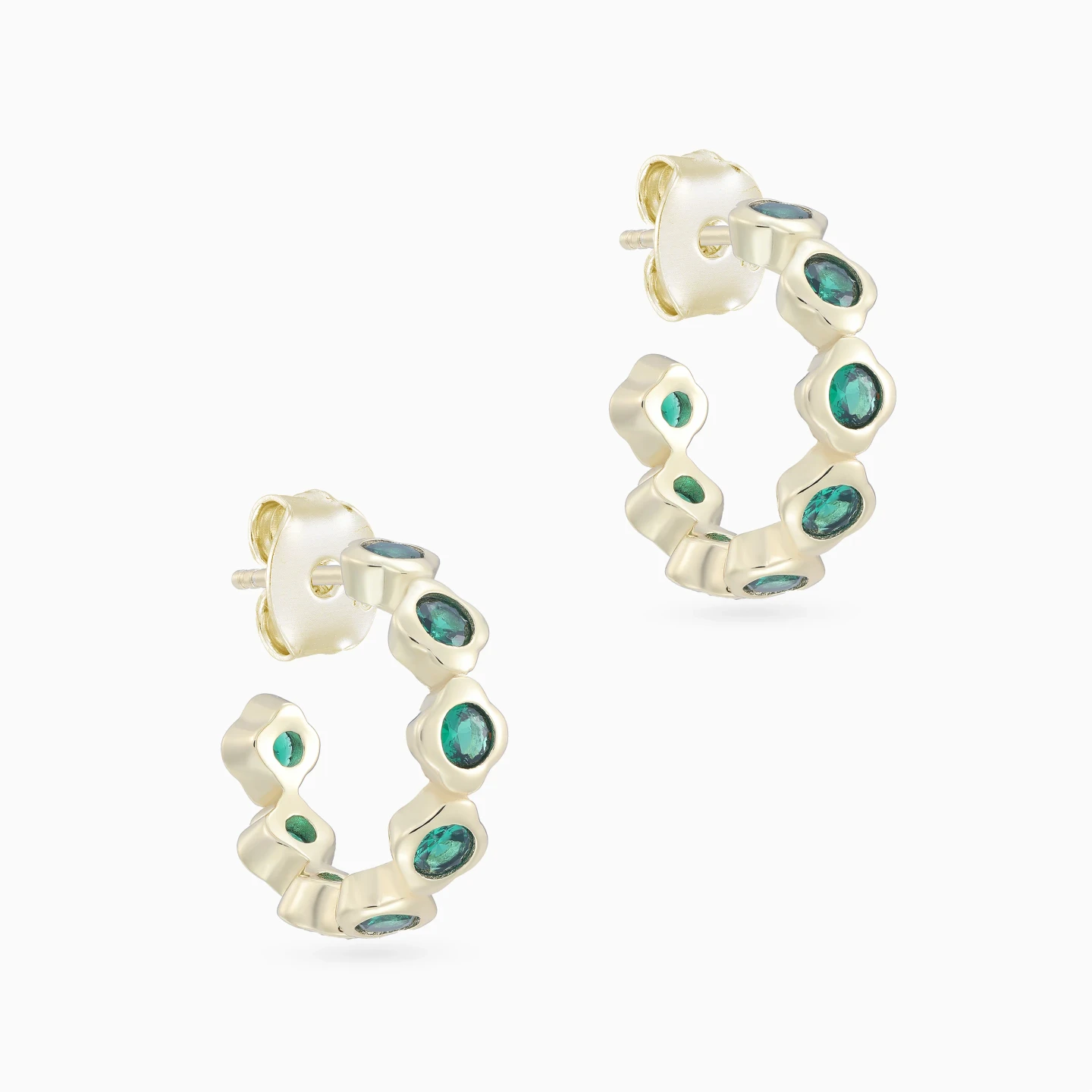 Round Green Stones Hoop Earrings in Yellow Gold Plating - 3 Round Green Stones Hoop Earrings in Yellow Gold Plating - 3
