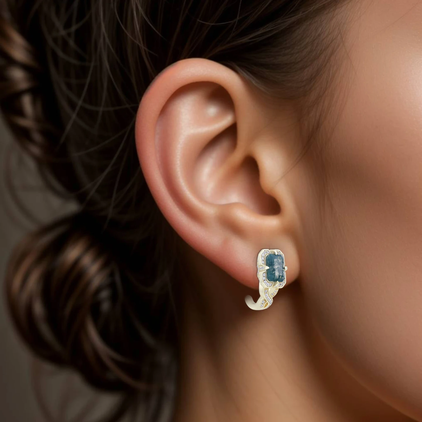 Curves & Rectangular Cloudy Grey Stone Stud Earrings in Yellow Gold Plating - 2 Curves & Rectangular Cloudy Grey Stone Stud Earrings in Yellow Gold Plating - 2