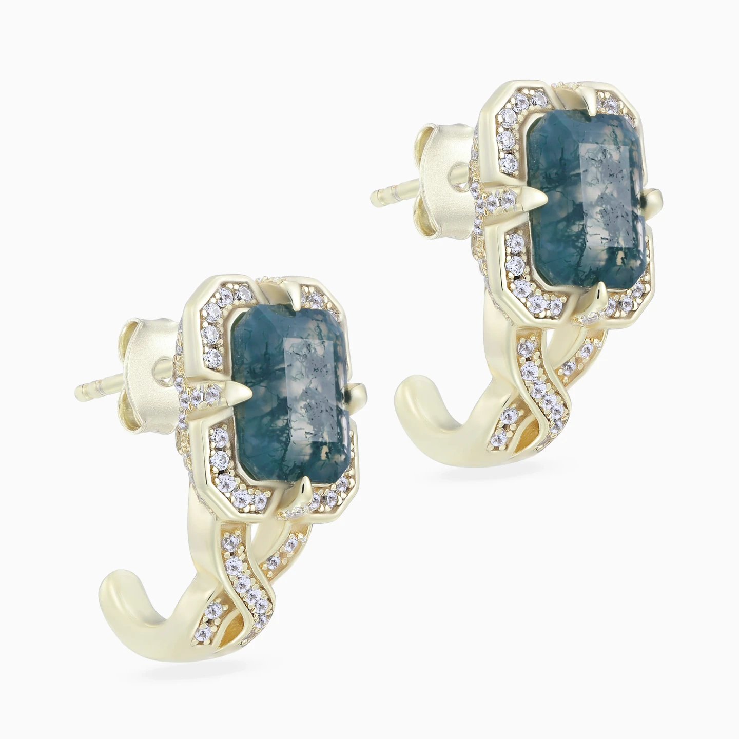 Curves & Rectangular Cloudy Grey Stone Stud Earrings in Yellow Gold Plating - 3 Curves & Rectangular Cloudy Grey Stone Stud Earrings in Yellow Gold Plating - 3