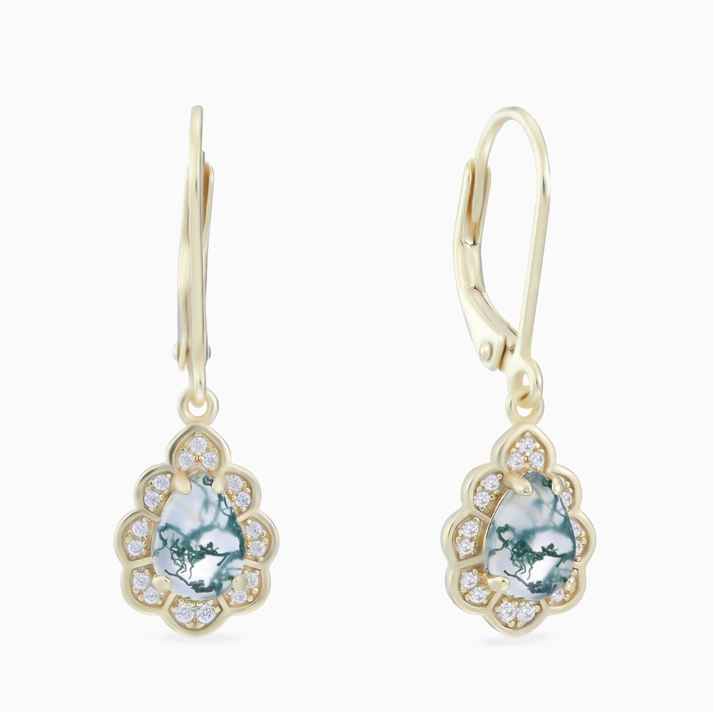 Scalloped Teardrop Cloudy Grey Stone Drop Earrings in Yellow Gold Plating Scalloped Teardrop Cloudy Grey Stone Drop Earrings in Yellow Gold Plating