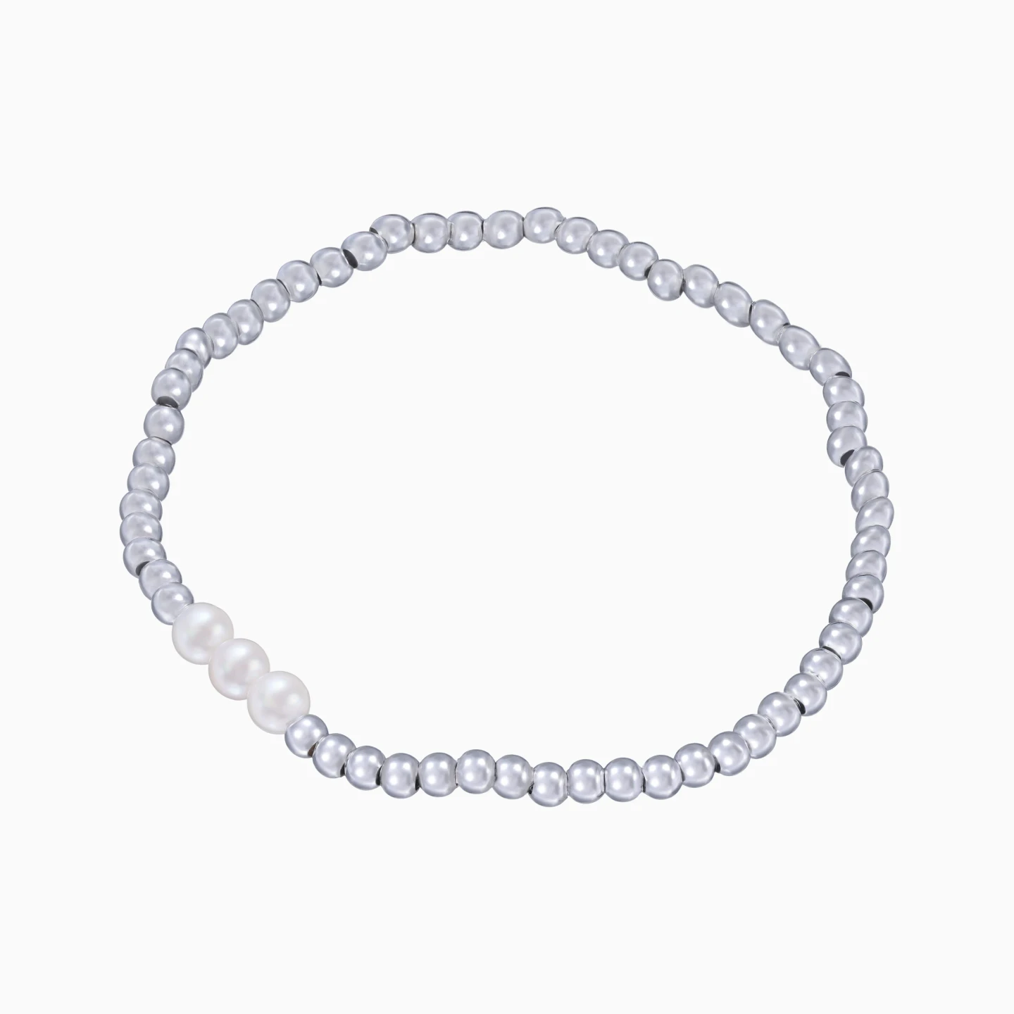 Round Pearls Beaded Bracelet in Sterling Silver - 3 Round Pearls Beaded Bracelet in Sterling Silver - 3