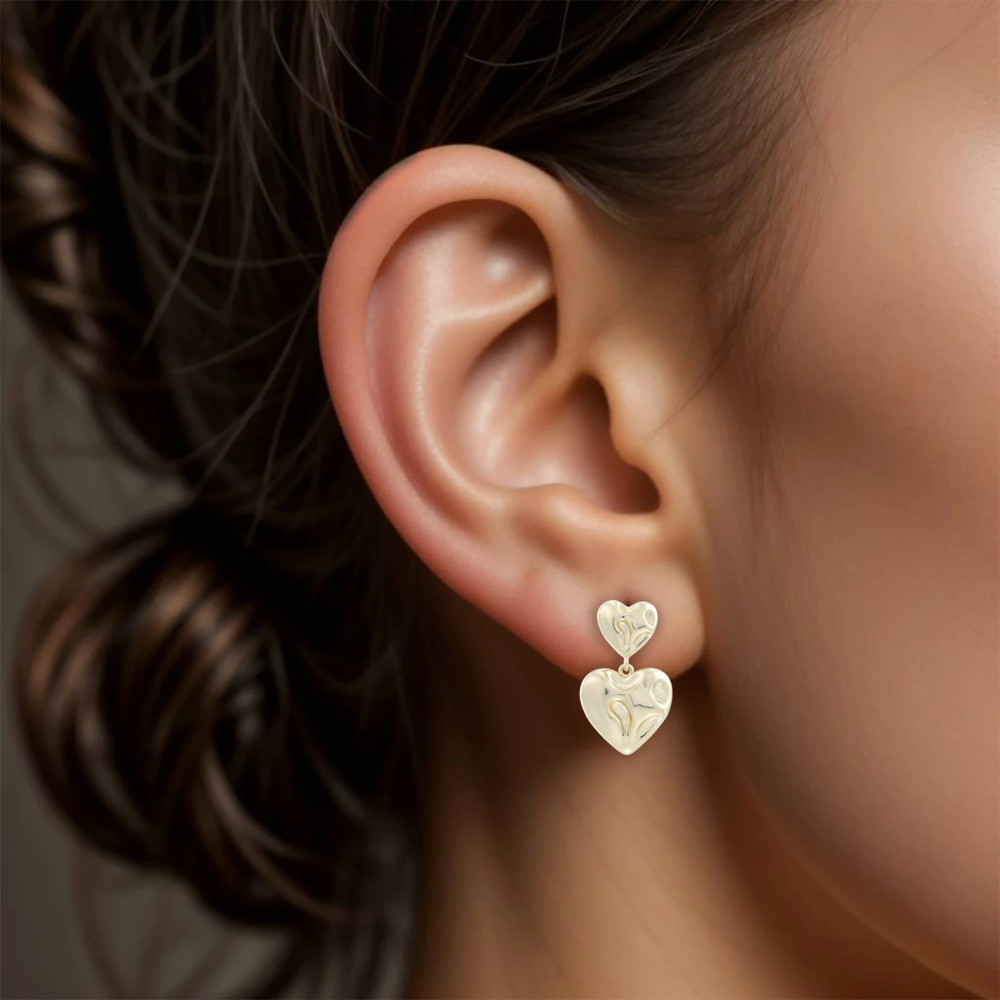 Two Hearts Drop Earrings in Yellow Gold Plating - 2 Two Hearts Drop Earrings in Yellow Gold Plating - 2