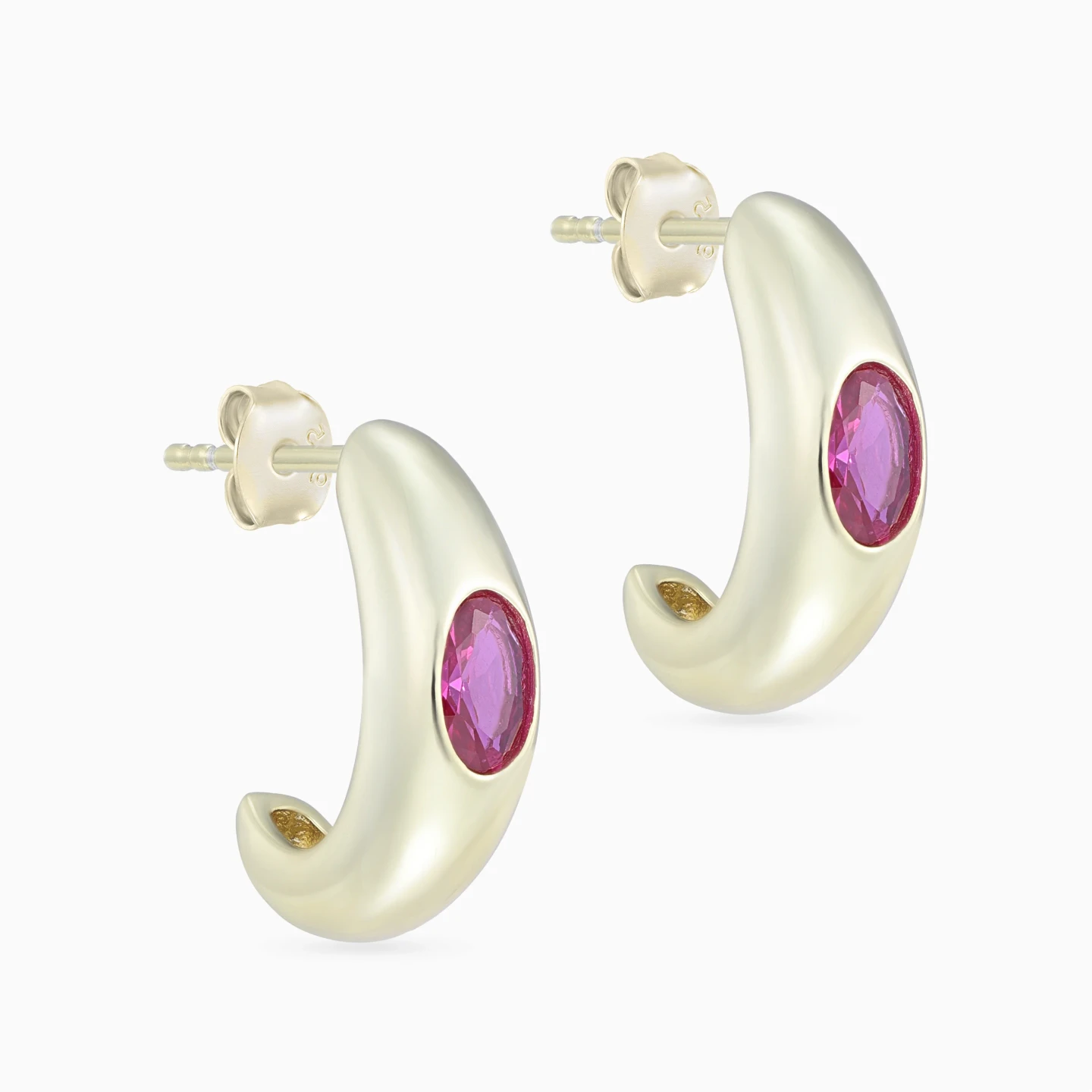 Chunky Curve Pink Stones Stud Earrings in Yellow Gold Plating - 3 Chunky Curve Pink Stones Stud Earrings in Yellow Gold Plating - 3
