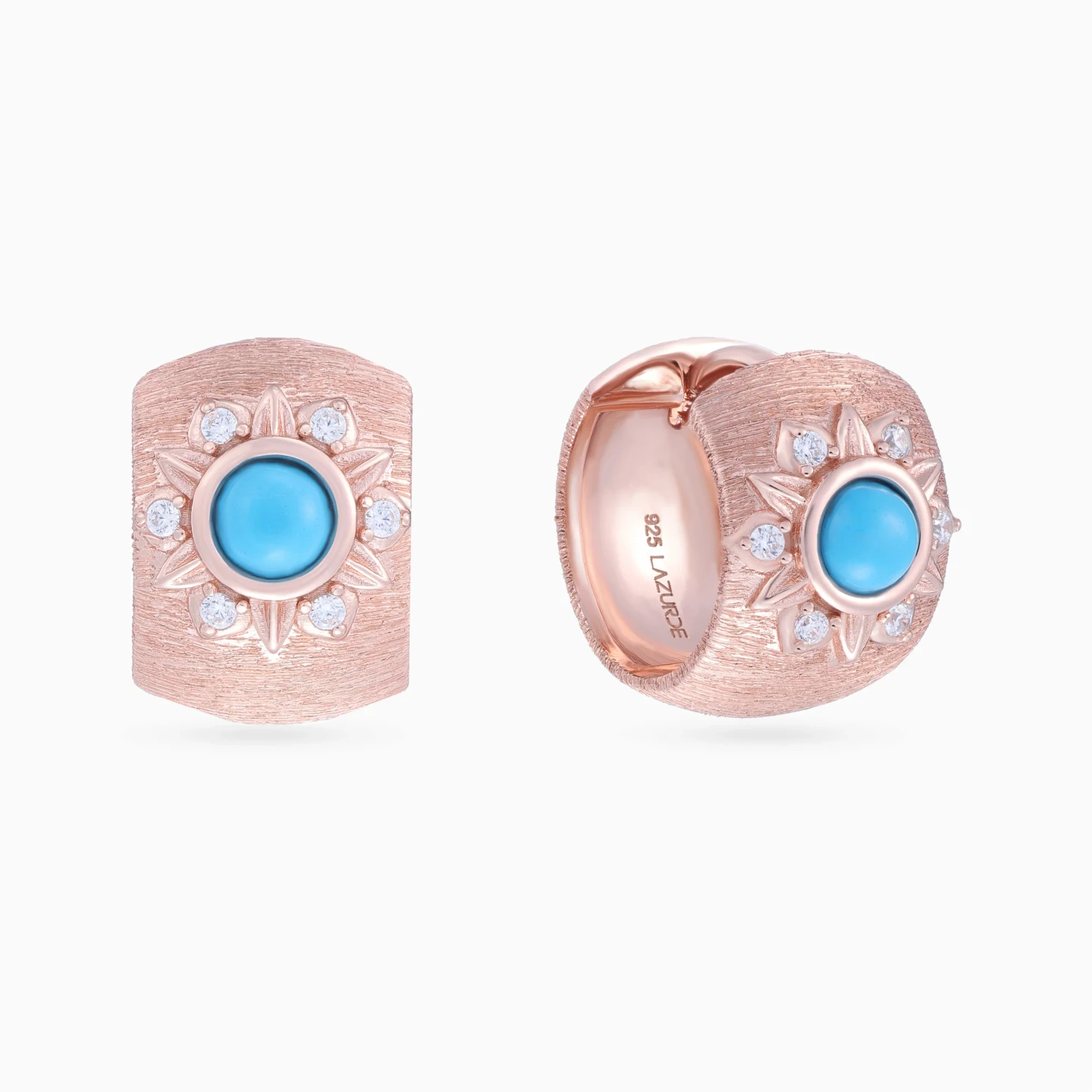 Round Sunburst Blue Stone Stud Earrings in Rose Gold Plating Round Sunburst Blue Stone Stud Earrings in Rose Gold Plating