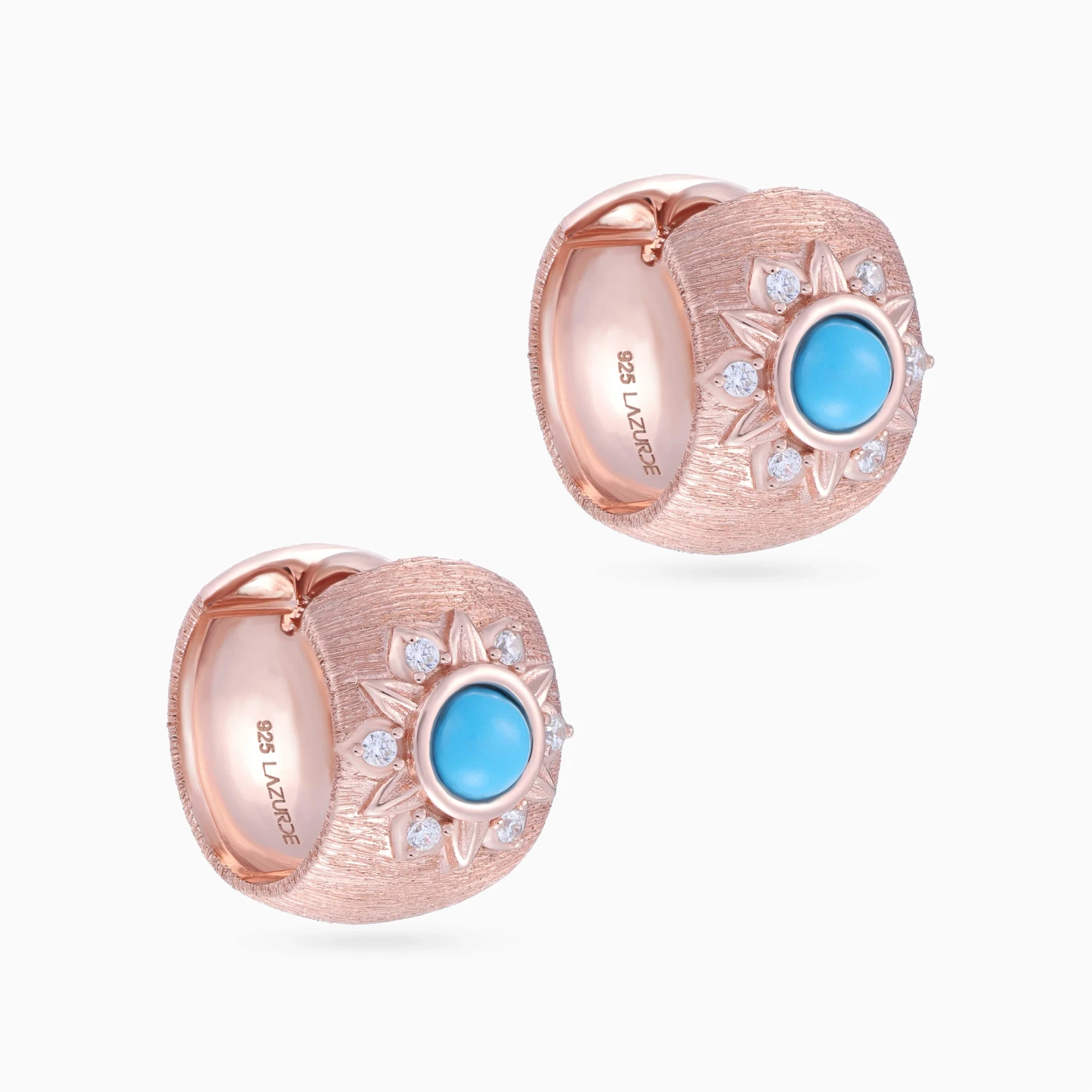 Round Sunburst Blue Stone Stud Earrings in Rose Gold Plating - 3 Round Sunburst Blue Stone Stud Earrings in Rose Gold Plating - 3