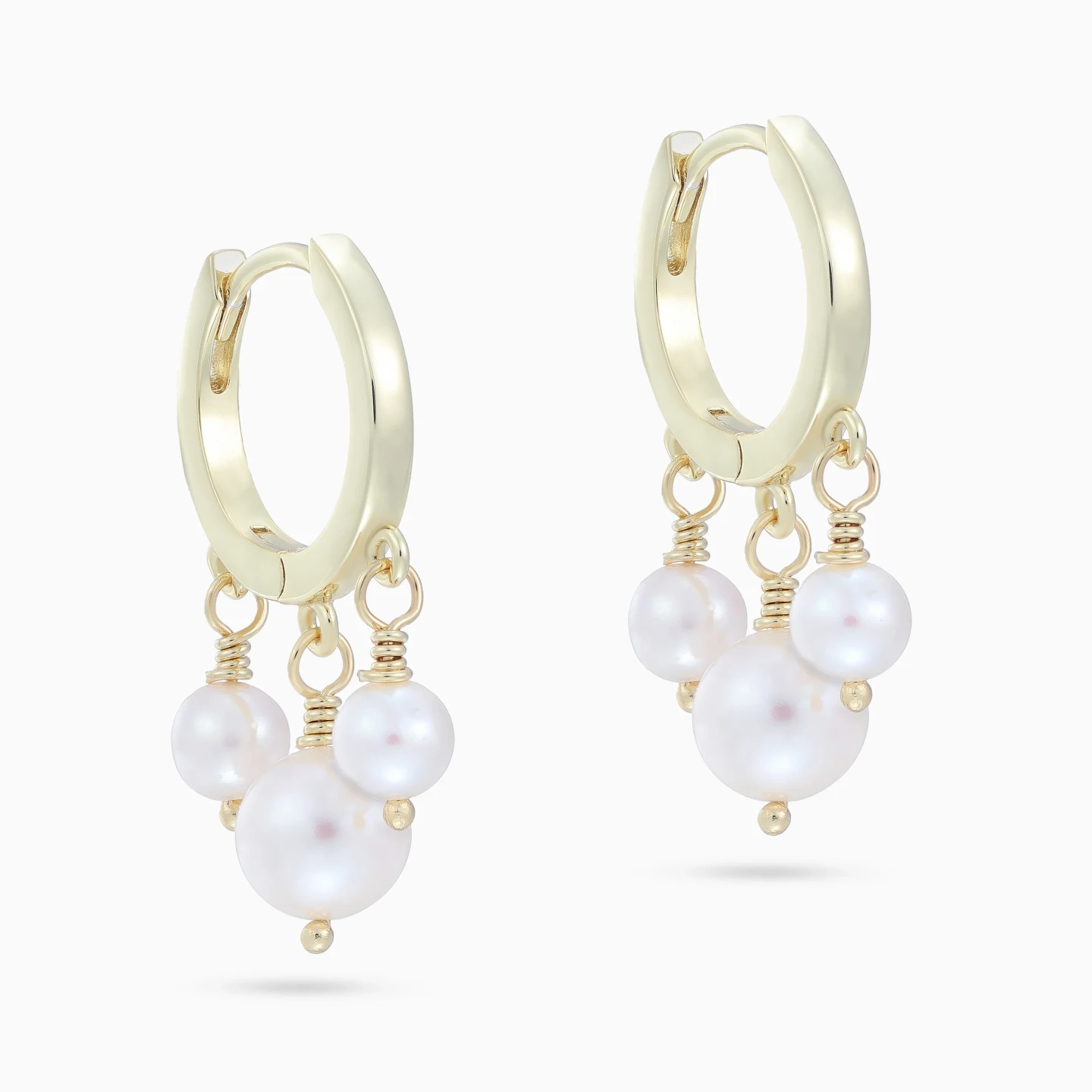 Dangling Graduating Pearls Huggie Earrings in Yellow Gold Plating - 3 Dangling Graduating Pearls Huggie Earrings in Yellow Gold Plating - 3