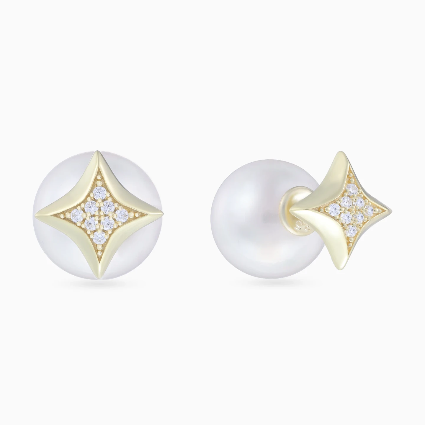 Four Point Stars Pearls Stud Earrings in Yellow Gold Plating Four Point Stars Pearls Stud Earrings in Yellow Gold Plating