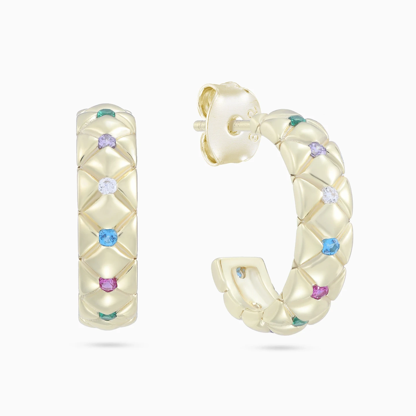 Quilted Pattern Colored Stones Hoop Earrings in Yellow Gold Plating Quilted Pattern Colored Stones Hoop Earrings in Yellow Gold Plating