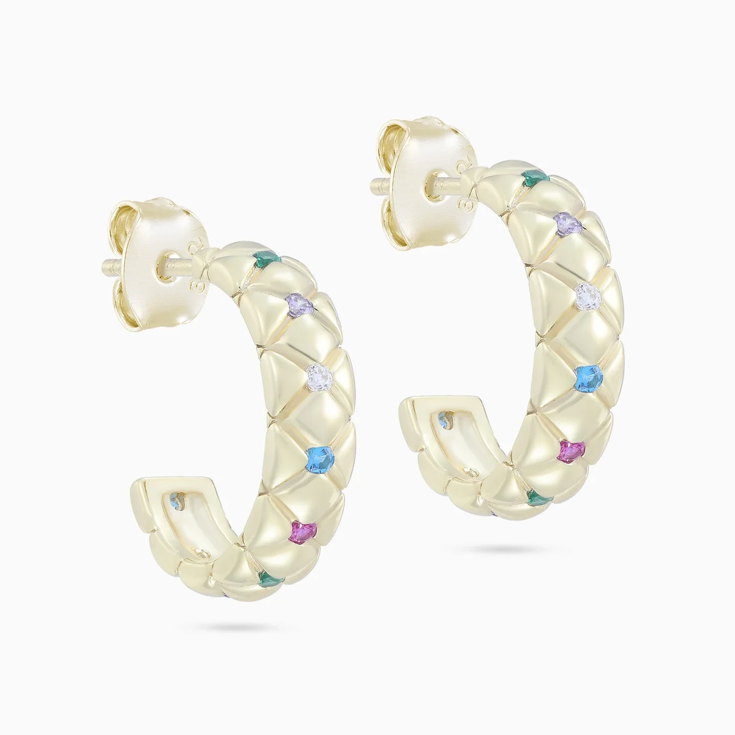 Quilted Pattern Colored Stones Hoop Earrings in Yellow Gold Plating - 3 Quilted Pattern Colored Stones Hoop Earrings in Yellow Gold Plating - 3
