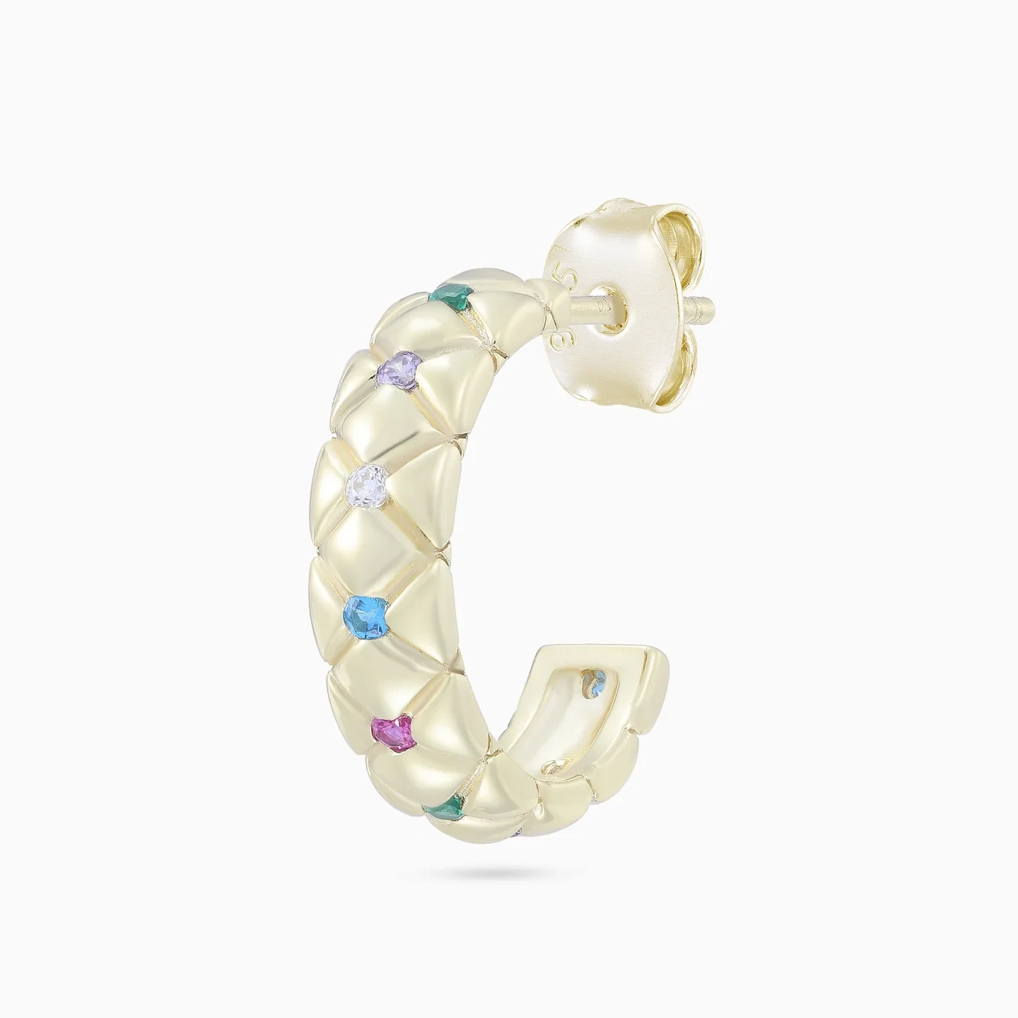 Quilted Pattern Colored Stones Hoop Earrings in Yellow Gold Plating - 4 Quilted Pattern Colored Stones Hoop Earrings in Yellow Gold Plating - 4