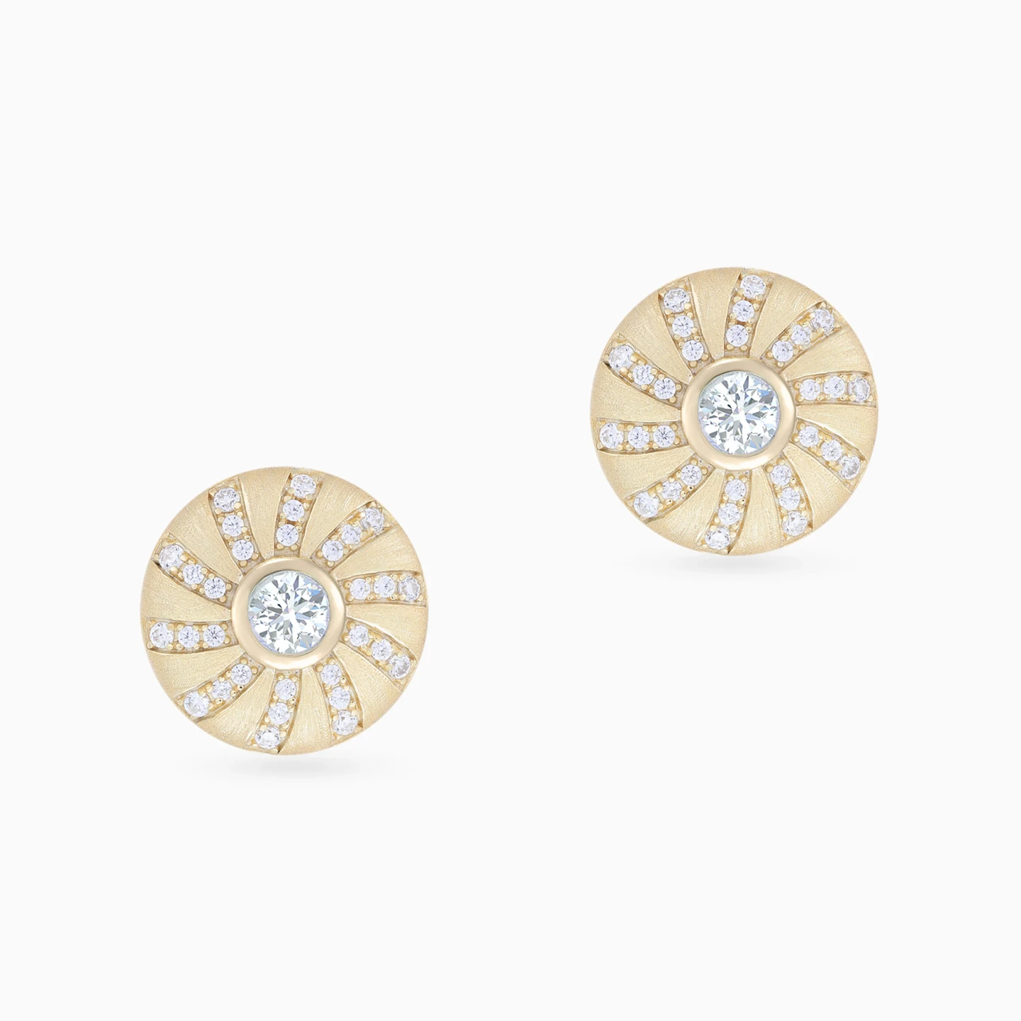 Round Sunburst Cubic Zirconia Stud Earrings in Yellow Gold Plating - 3 Round Sunburst Cubic Zirconia Stud Earrings in Yellow Gold Plating - 3