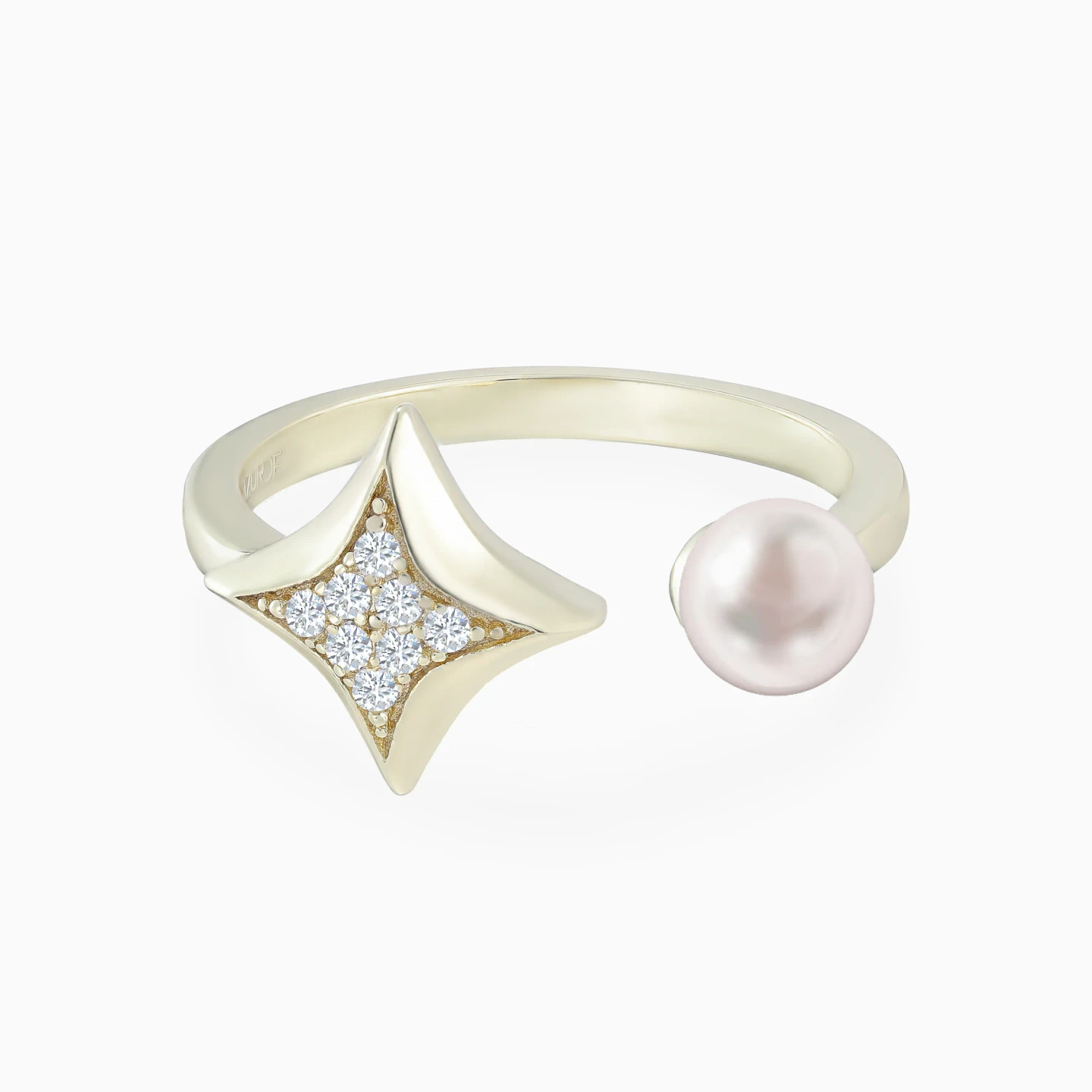 Four Point Stars Pearl Open Ring in Yellow Gold Plating Four Point Stars Pearl Open Ring in Yellow Gold Plating