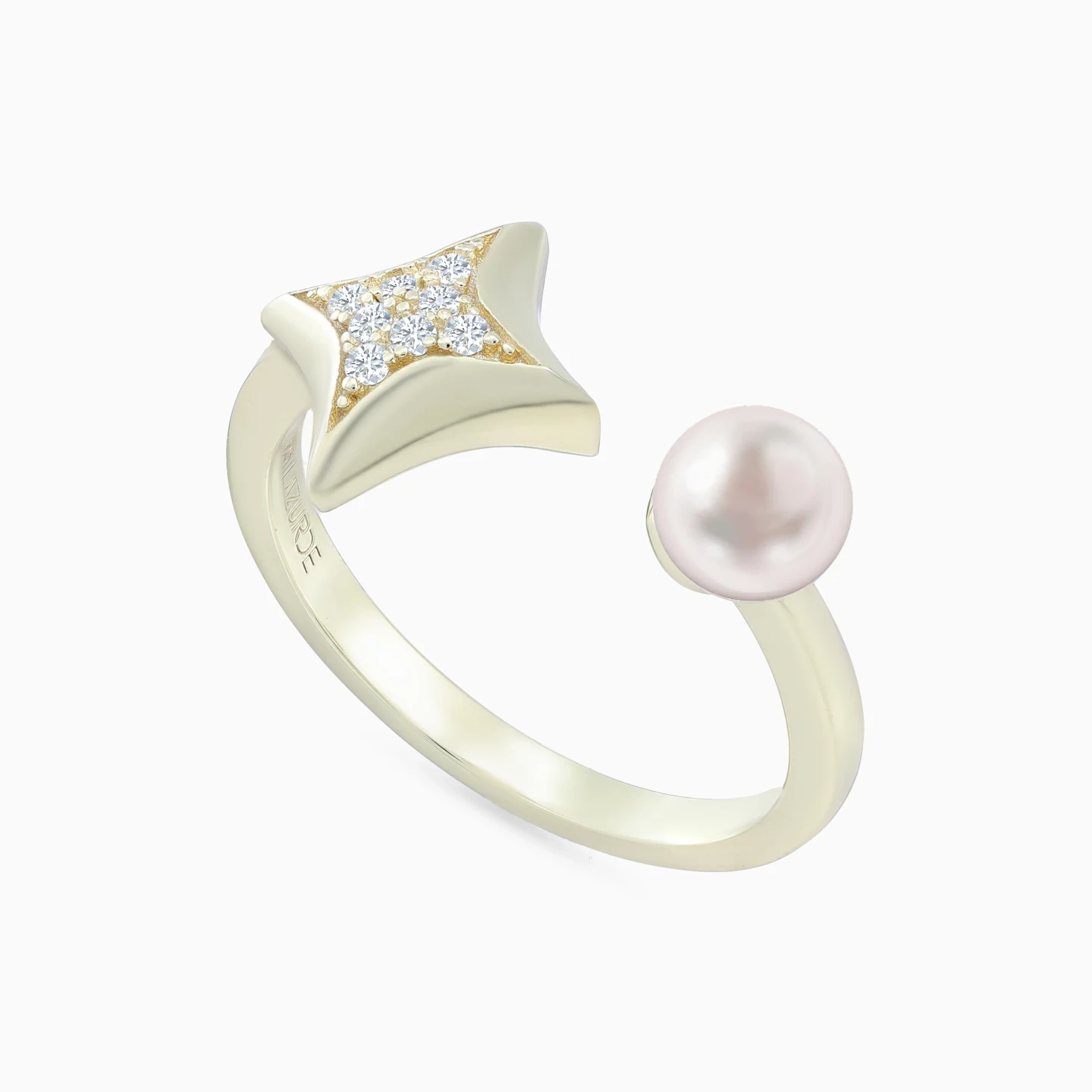 Four Point Stars Pearl Open Ring in Yellow Gold Plating - 3 Four Point Stars Pearl Open Ring in Yellow Gold Plating - 3