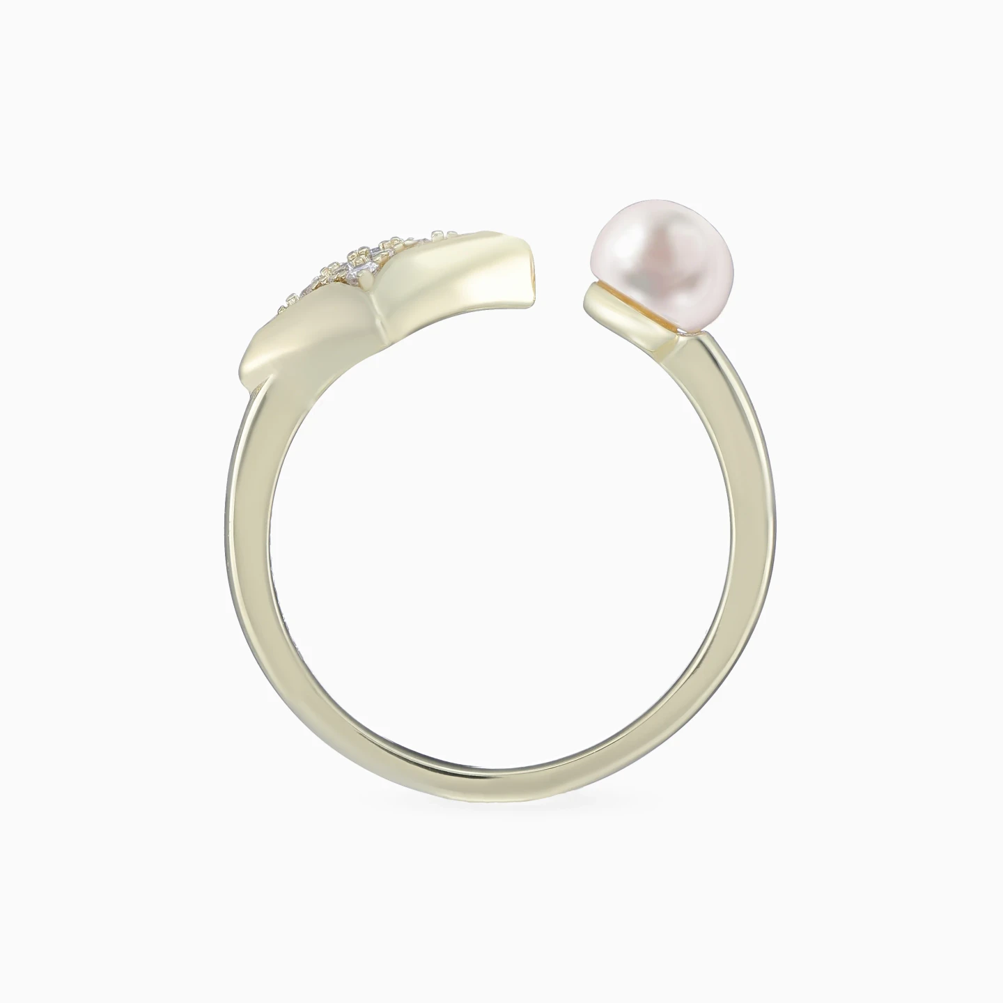 Four Point Stars Pearl Open Ring in Yellow Gold Plating - 4 Four Point Stars Pearl Open Ring in Yellow Gold Plating - 4
