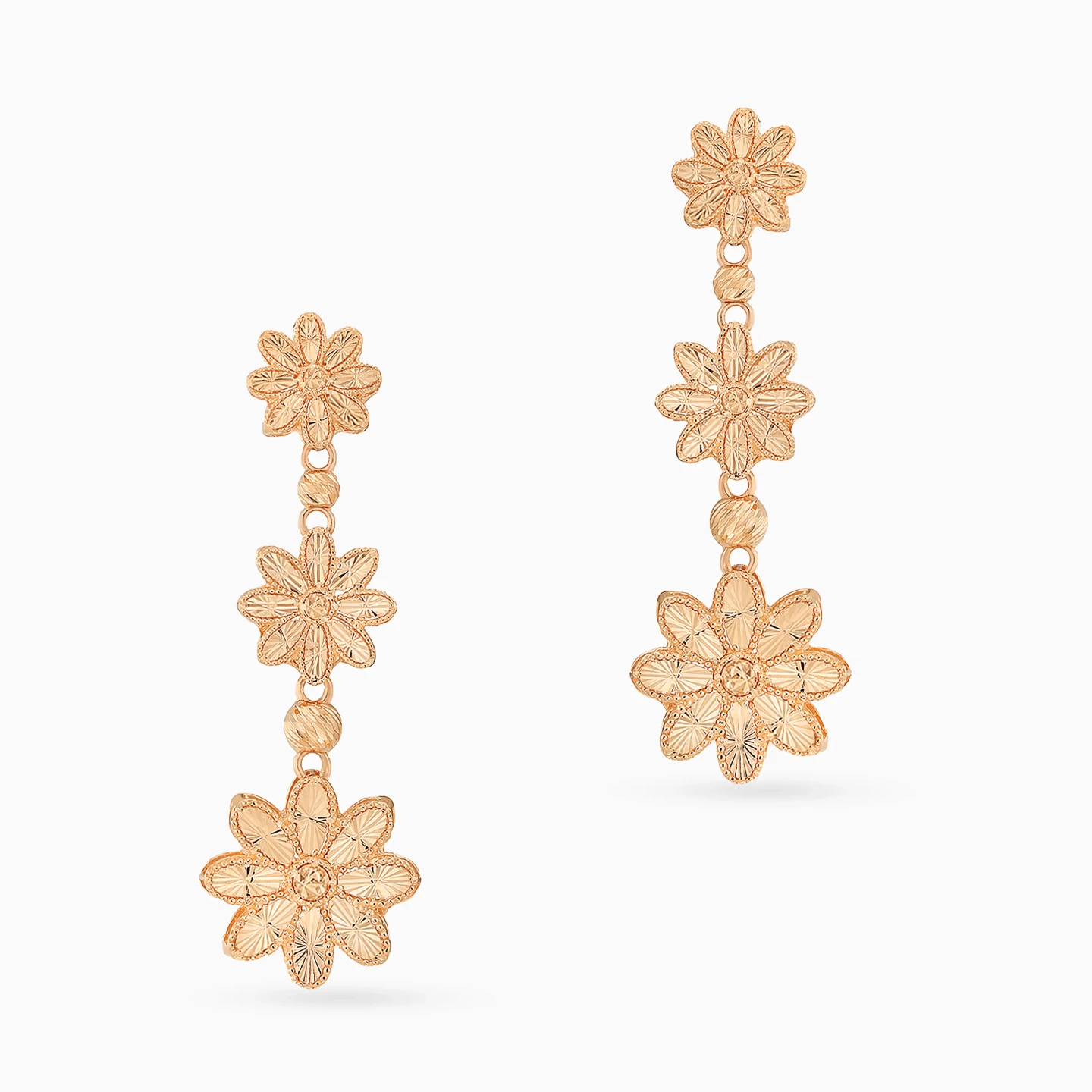 Graduated Flowers Drop Earrings in 21K Gold - 3 Graduated Flowers Drop Earrings in 21K Gold - 3