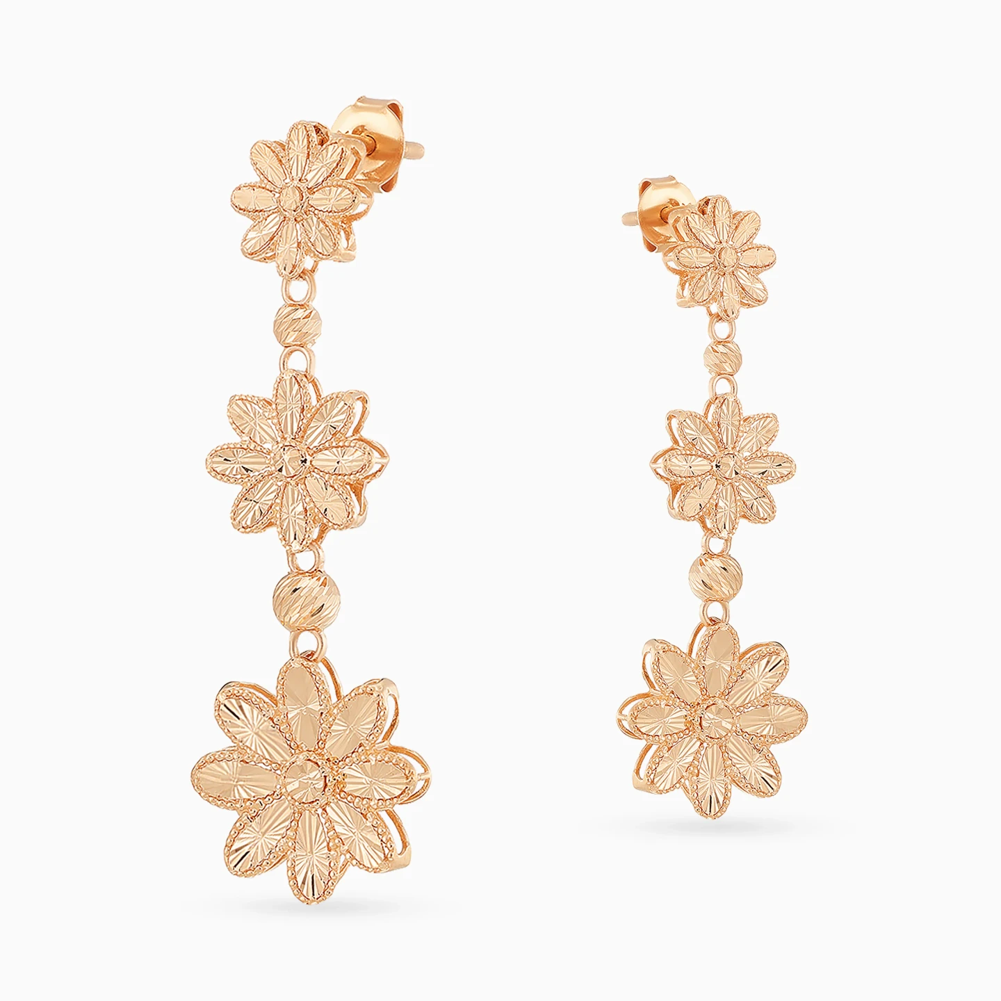 Graduated Flowers Drop Earrings in 21K Gold - 4 Graduated Flowers Drop Earrings in 21K Gold - 4
