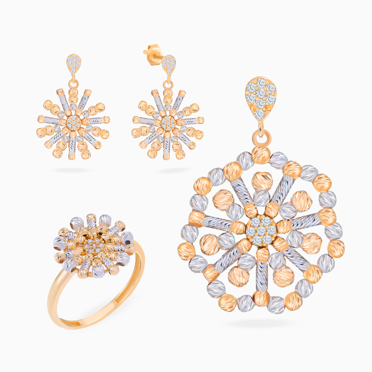 Beaded Flower Cubic Zirconia Set in 21K Gold (3 Pieces) Beaded Flower Cubic Zirconia Set in 21K Gold (3 Pieces)