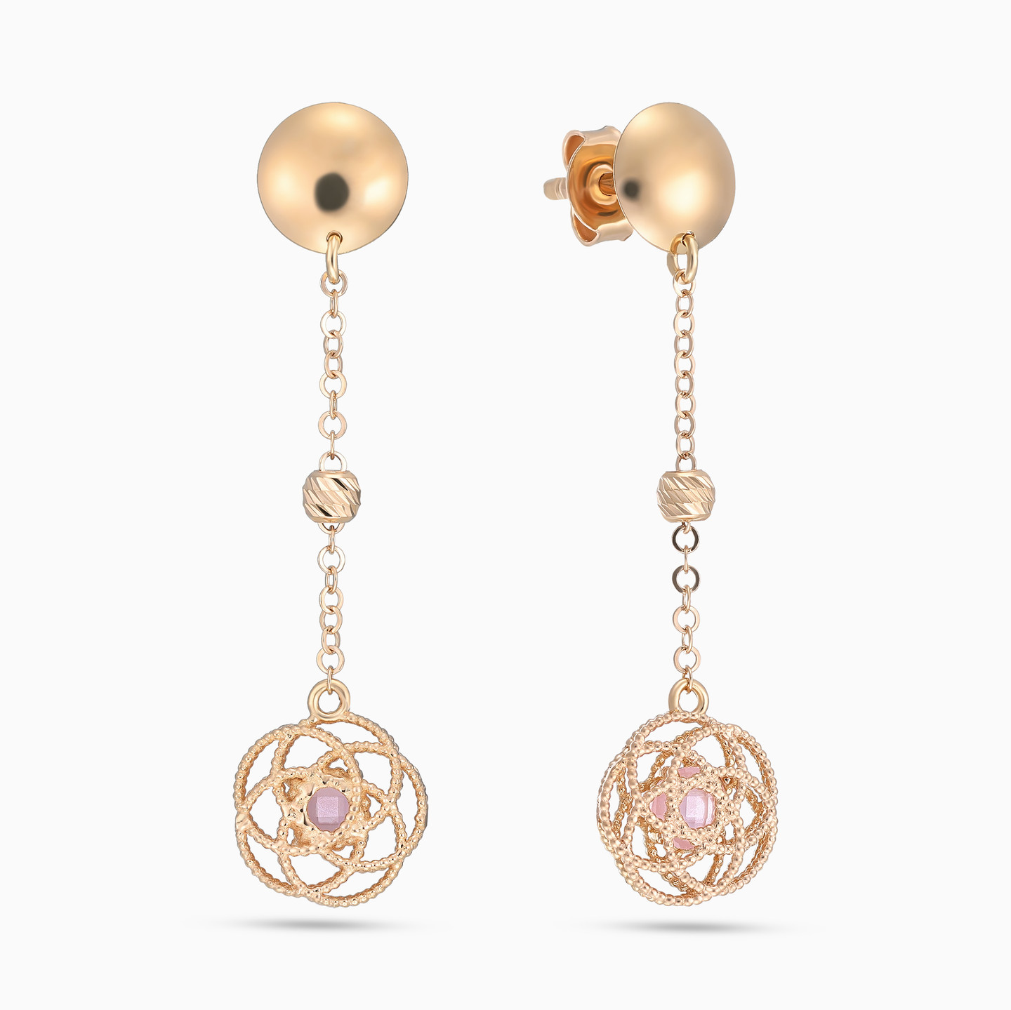 Floral Sphere Pink Stone Drop Earrings in 21K Gold Floral Sphere Pink Stone Drop Earrings in 21K Gold