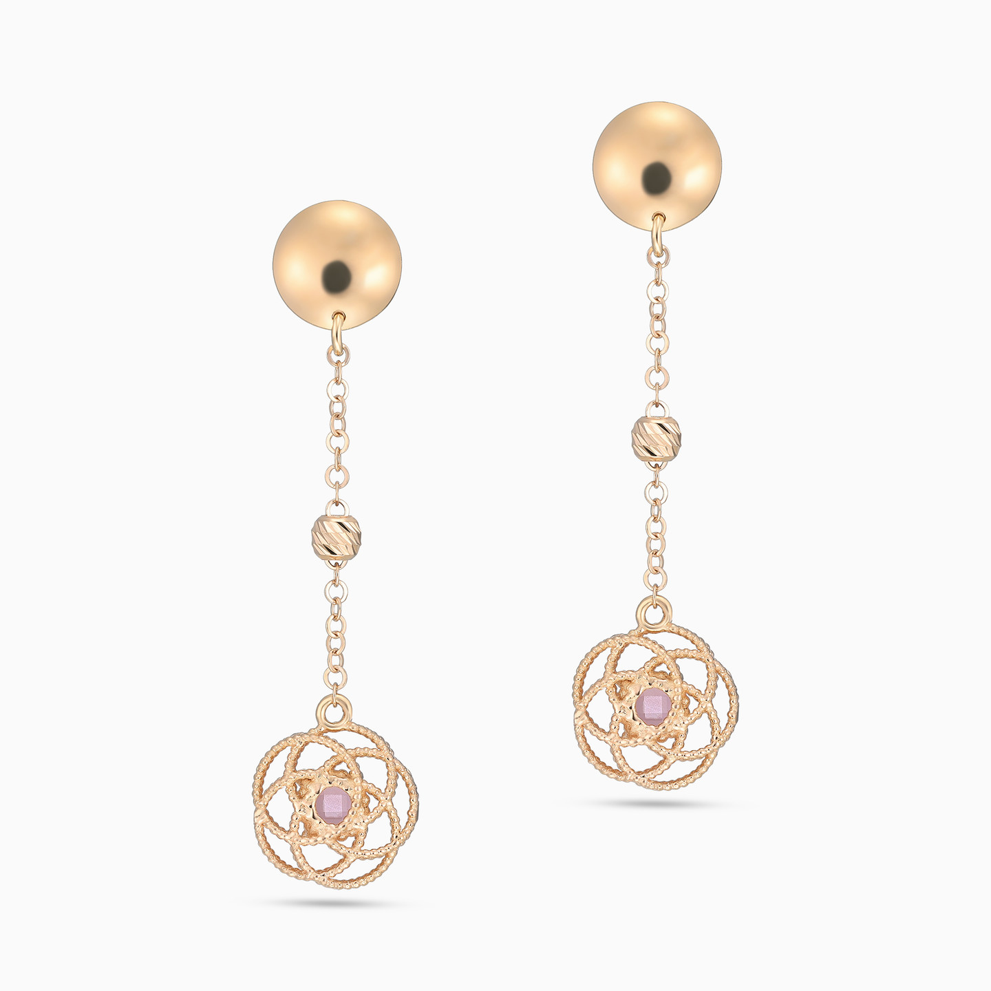 Floral Sphere Pink Stone Drop Earrings in 21K Gold - 3 Floral Sphere Pink Stone Drop Earrings in 21K Gold - 3