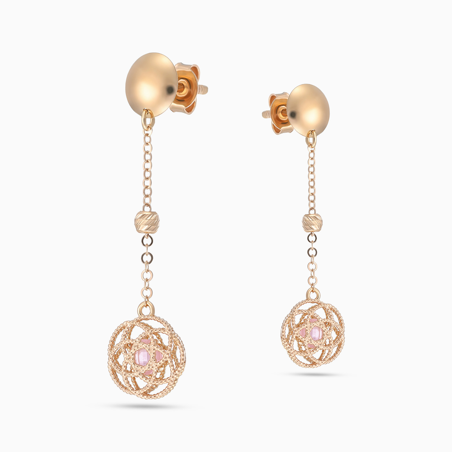 Floral Sphere Pink Stone Drop Earrings in 21K Gold - 4 Floral Sphere Pink Stone Drop Earrings in 21K Gold - 4