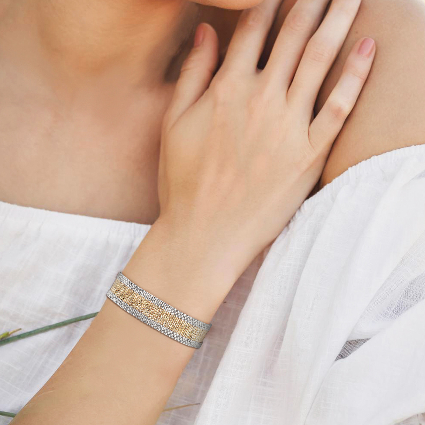 Two Tone Multi Row Textured Bracelet in 21K Gold - 2 Two Tone Multi Row Textured Bracelet in 21K Gold - 2