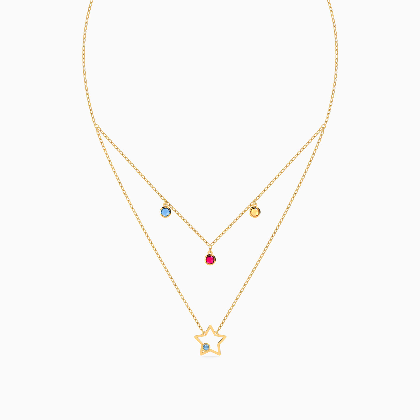 Round Colored Stones Layered Necklace in 18K Gold - 3 Round Colored Stones Layered Necklace in 18K Gold - 3