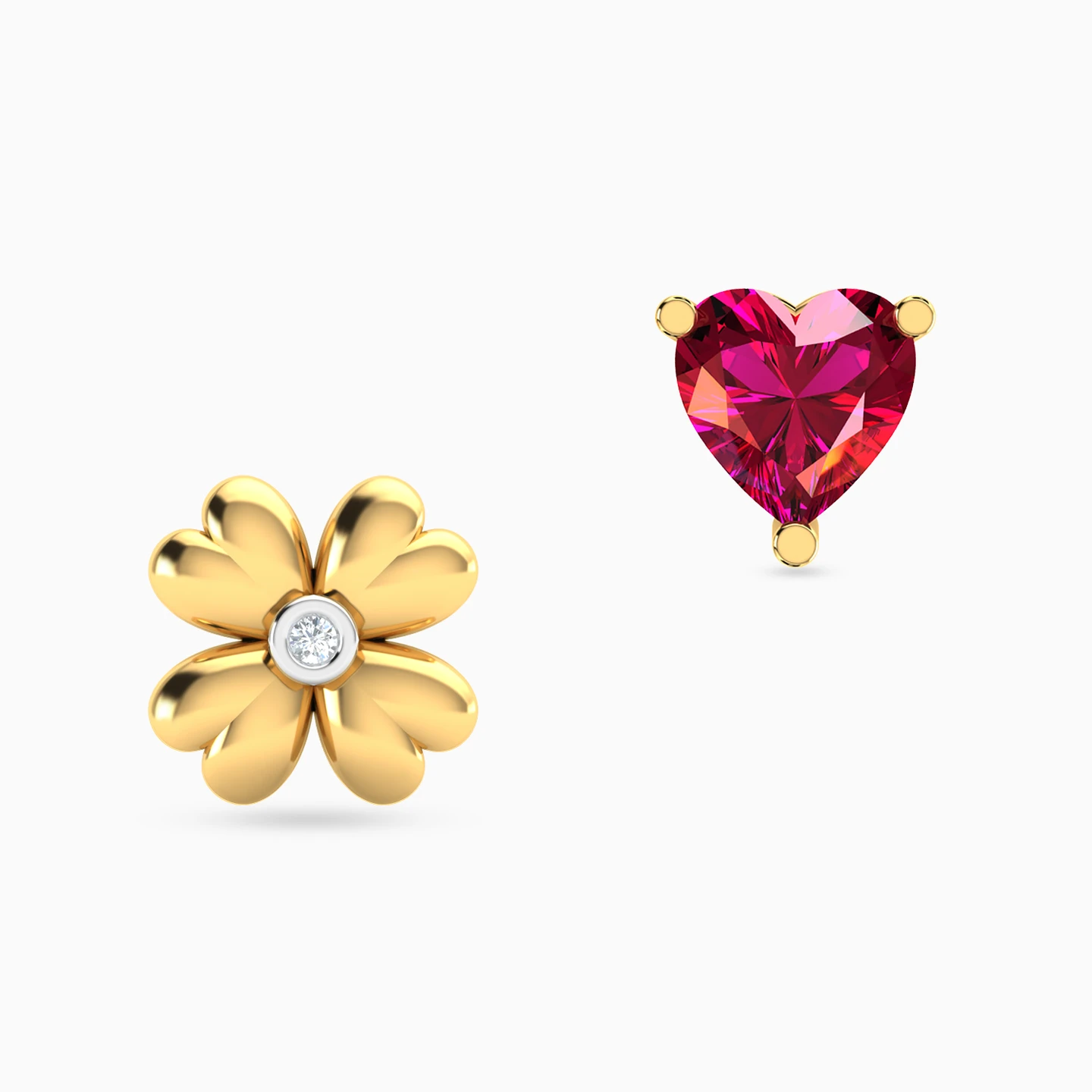 Mismatched Flower Heart Diamonds & Red Stone Stud Earrings in 18K Gold Mismatched Flower Heart Diamonds & Red Stone Stud Earrings in 18K Gold