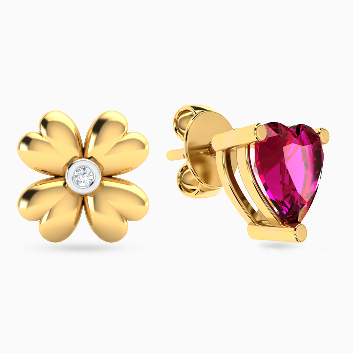 Mismatched Flower Heart Diamonds & Red Stone Stud Earrings in 18K Gold - 2 Mismatched Flower Heart Diamonds & Red Stone Stud Earrings in 18K Gold - 2