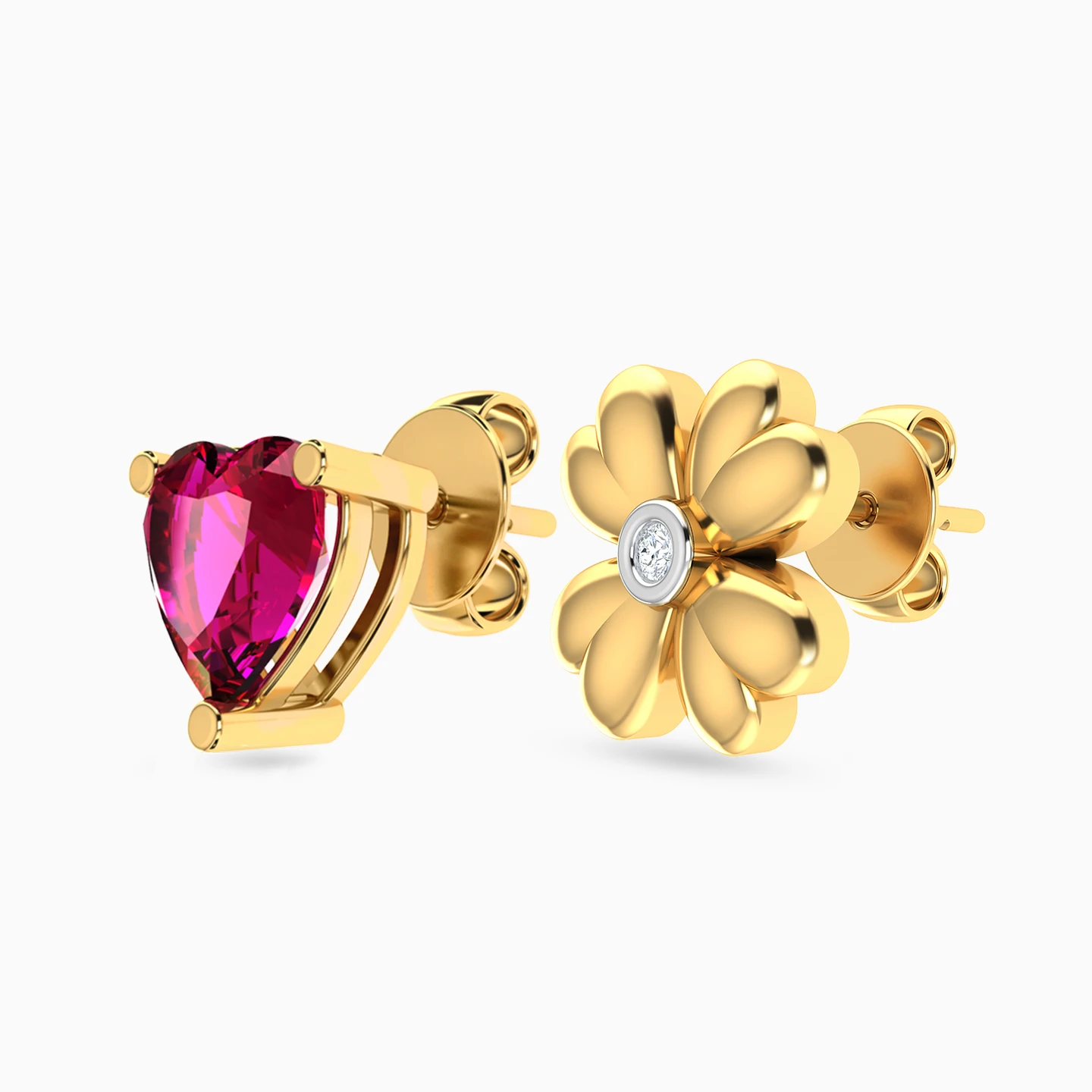Mismatched Flower Heart Diamonds & Red Stone Stud Earrings in 18K Gold - 3 Mismatched Flower Heart Diamonds & Red Stone Stud Earrings in 18K Gold - 3