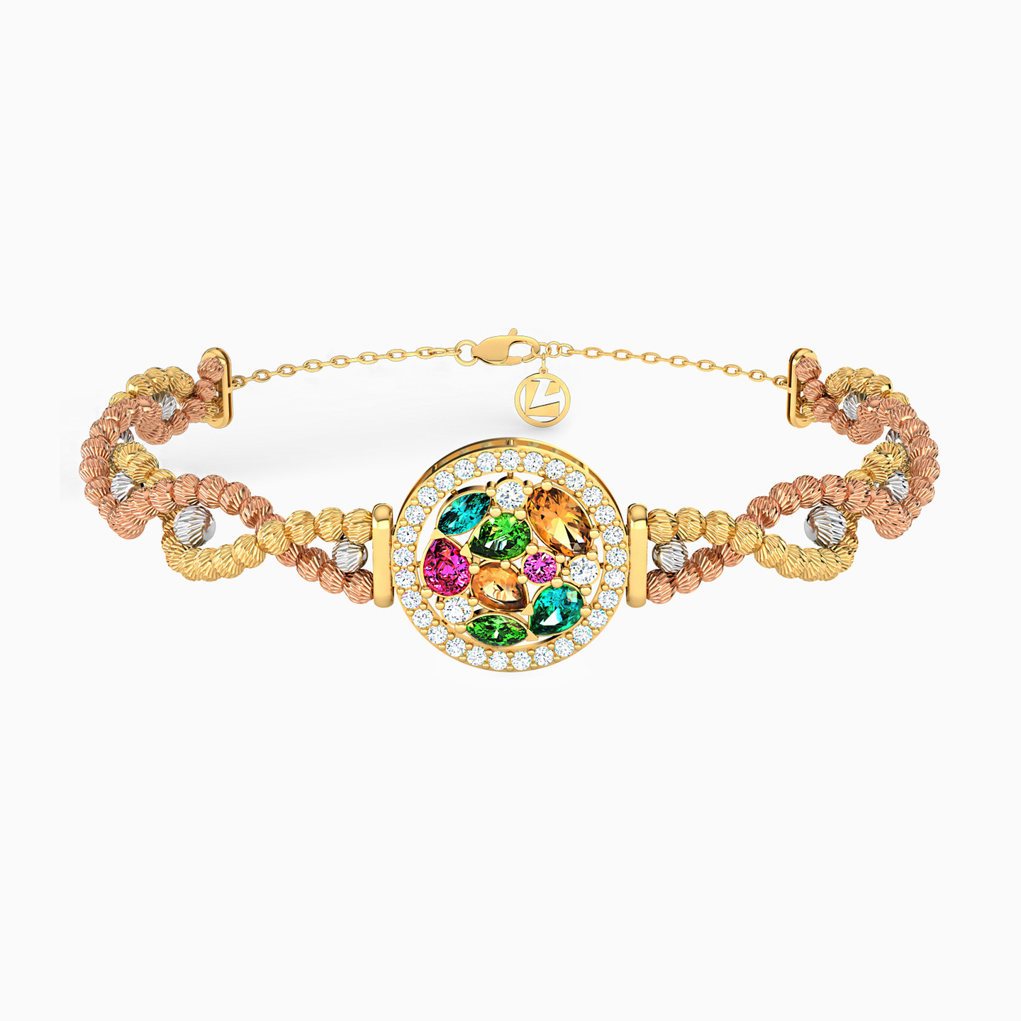 Multi-shaped Colored Stones Chain Bracelet in 21K Gold