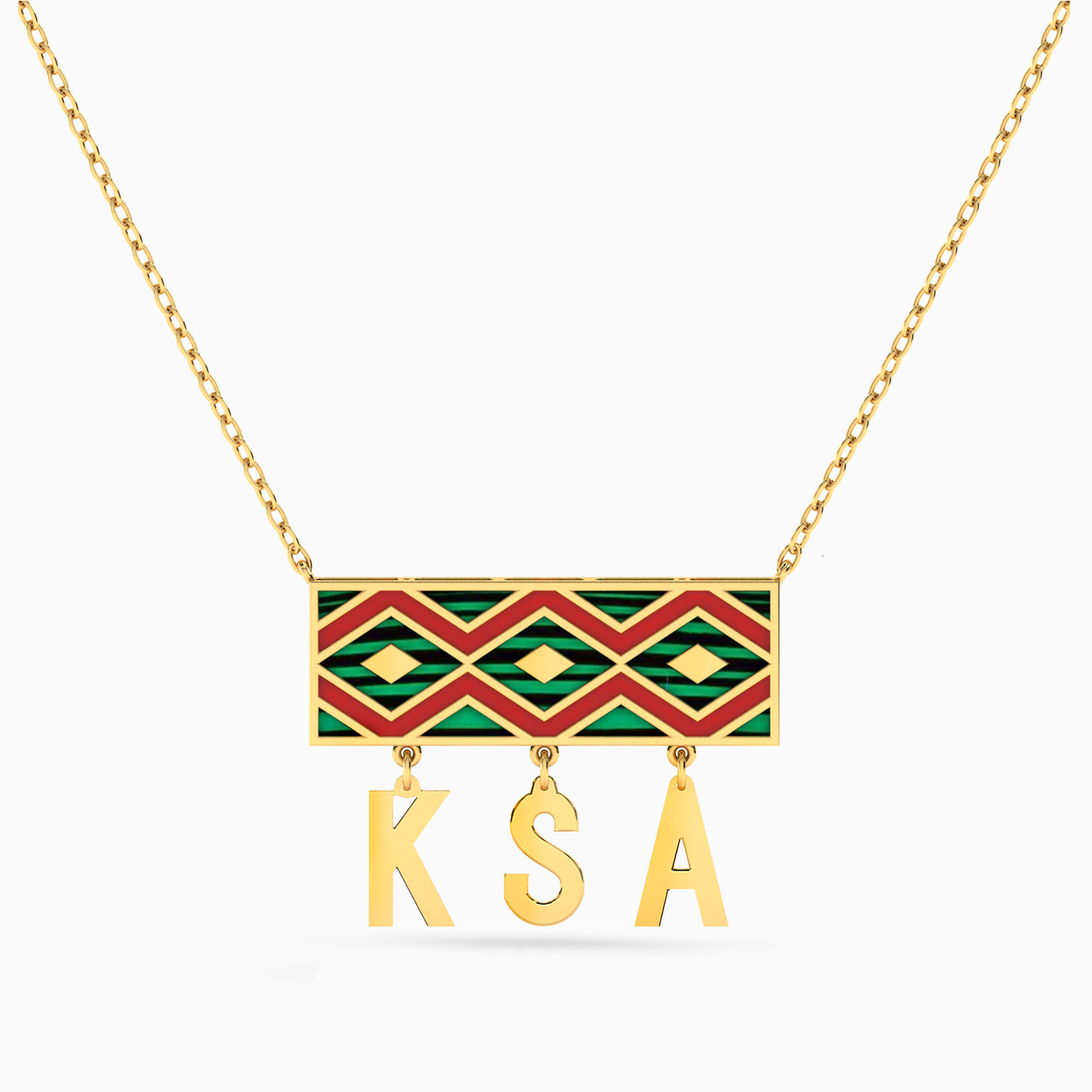 سلسلة ذهب حروف KSA عيار 18 قيراط مزينة بالأحجار الملونة سلسلة ذهب حروف KSA عيار 18 قيراط مزينة بالأحجار الملونة